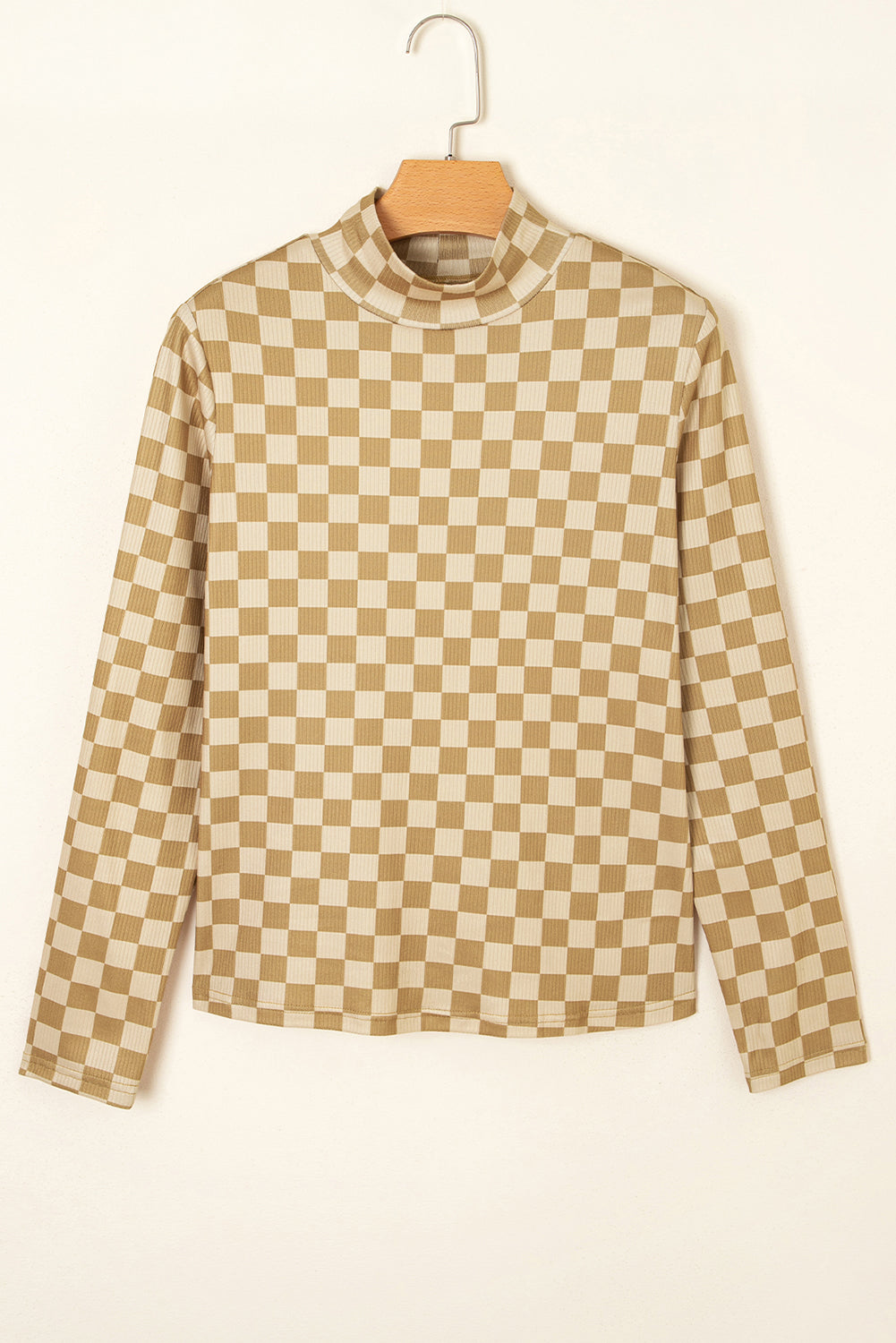Check Pattern Turtleneck Ribbed Slim Long Sleeve Tee - eAura