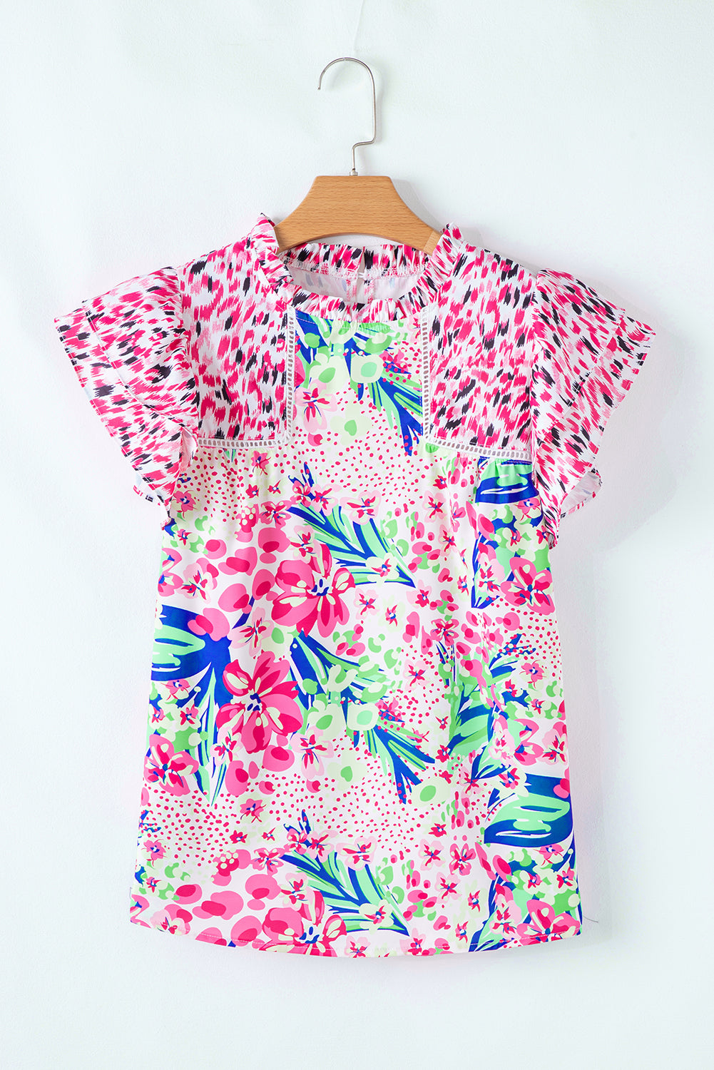 Pink Floral Mixed Print Ruffle Cap Sleeve Blouse eAura