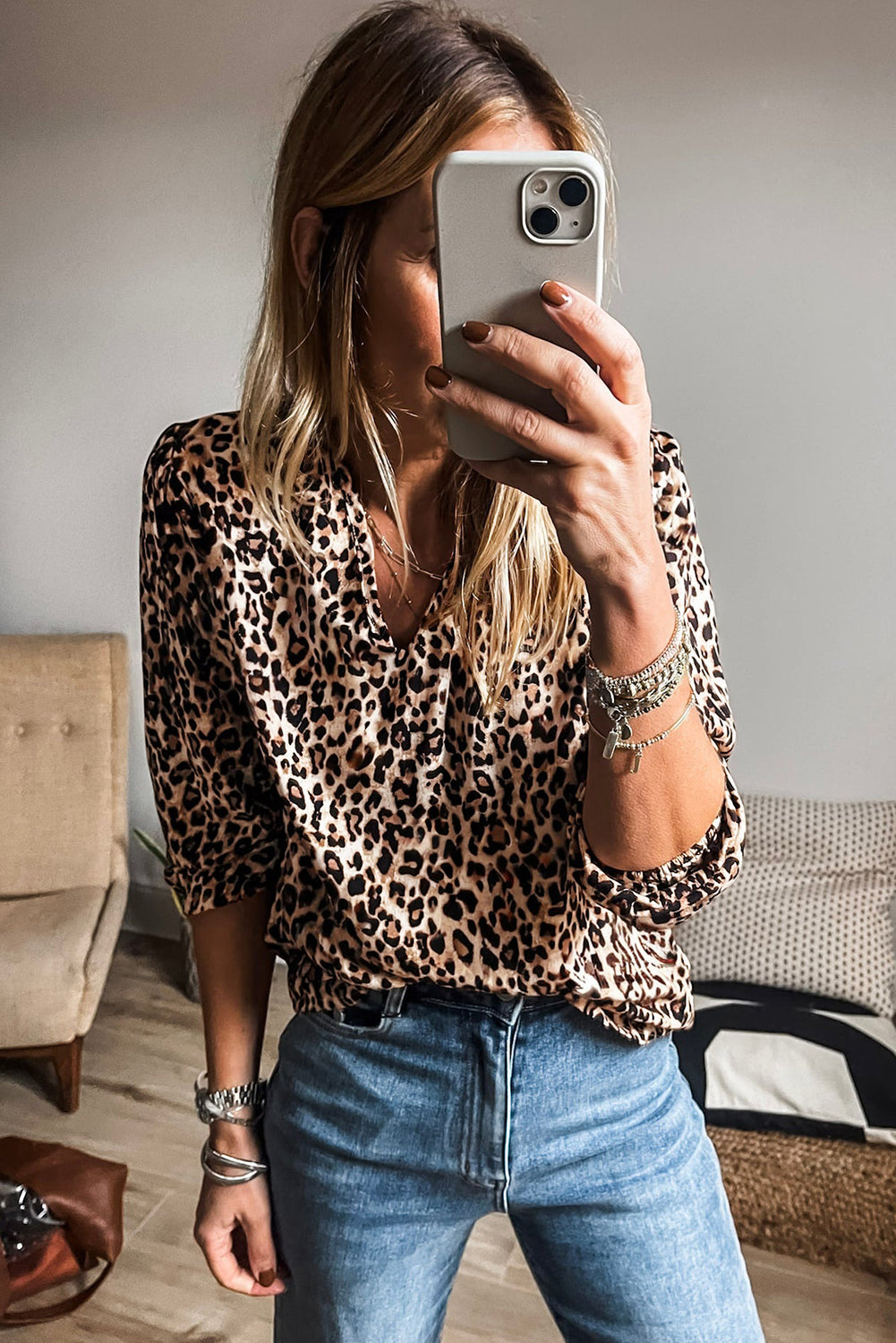 Apricot Leopard V Neck Half Sleeve Blouse eAura