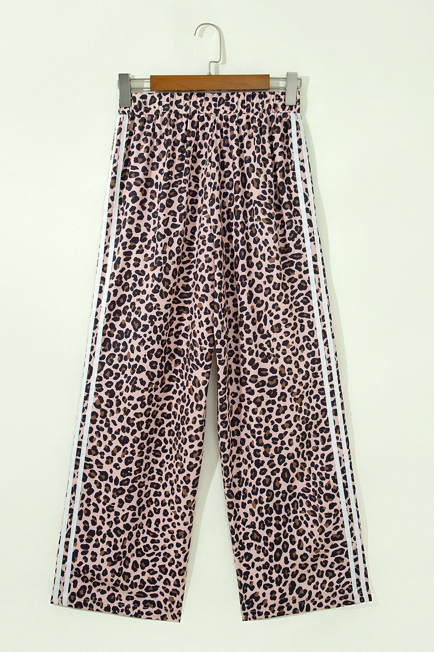 Leopard Print Side Striped Detail Casual Wide Leg Pants – Beige