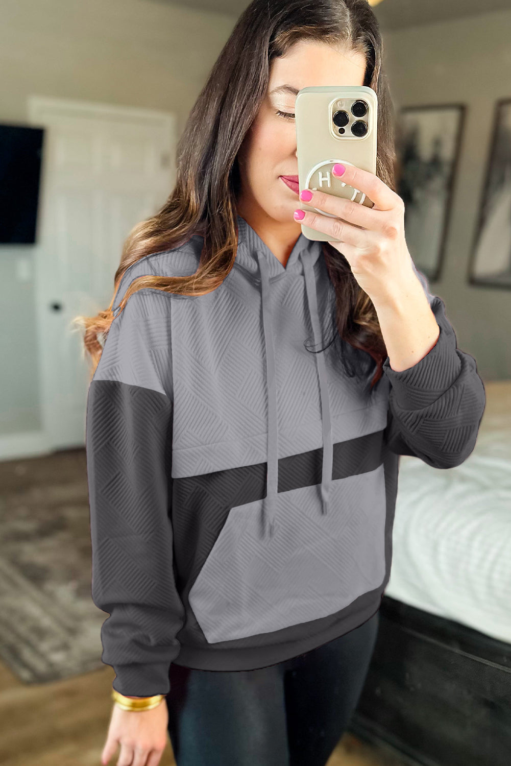 Pink Textured Colour Block Kangaroo Pocket Drop Shoulder Hoodie eAura