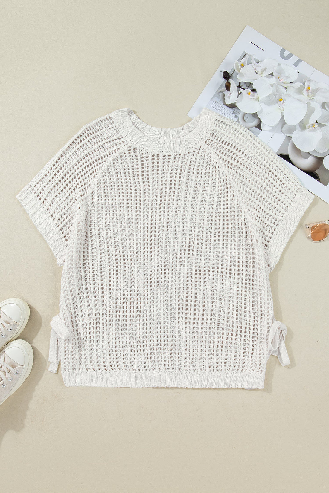 Plus Size Open Knit Bow Tie Short Sleeve Sweater - eAura