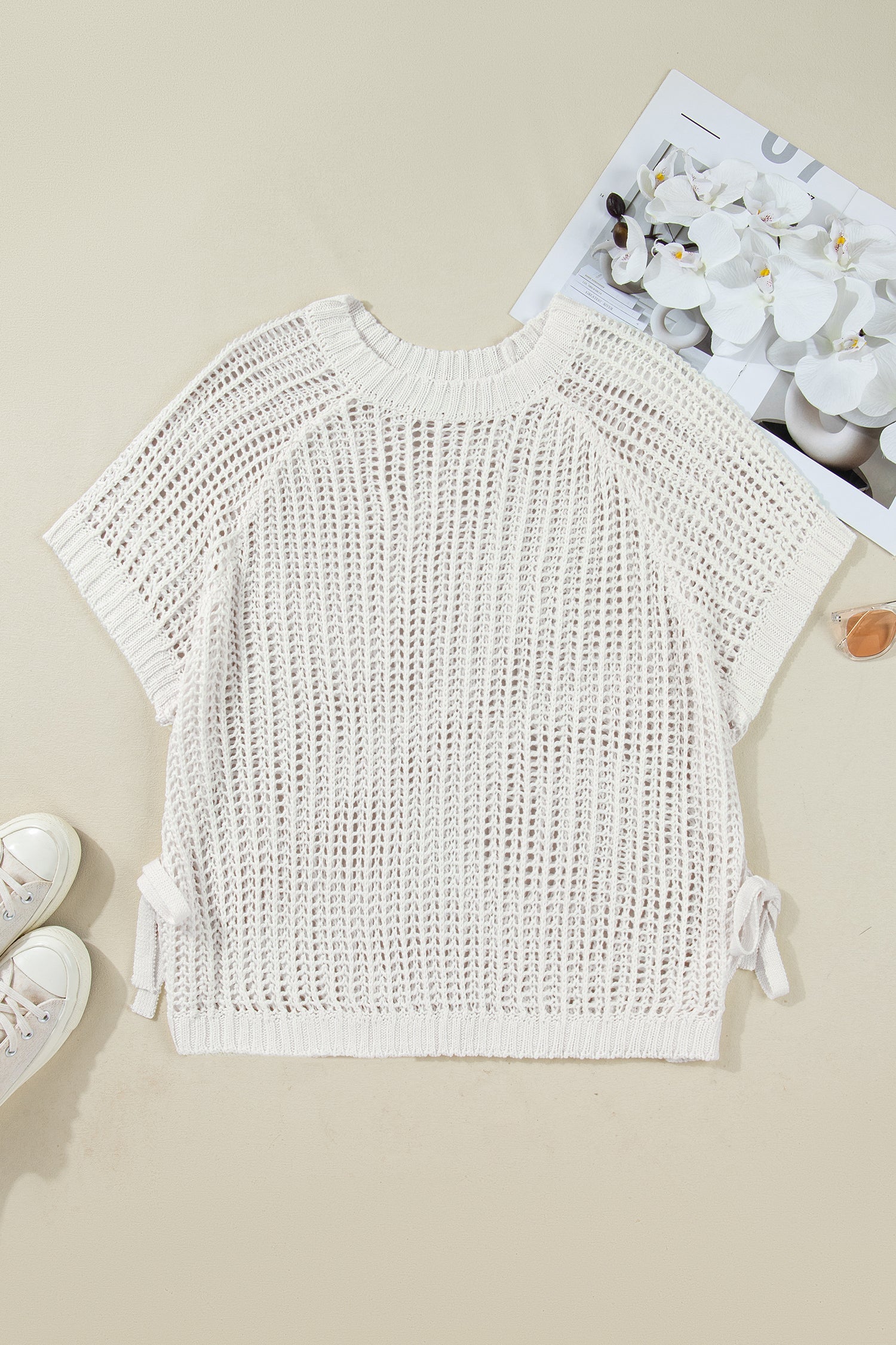Plus Size Open Knit Bow Tie Short Sleeve Sweater - eAura