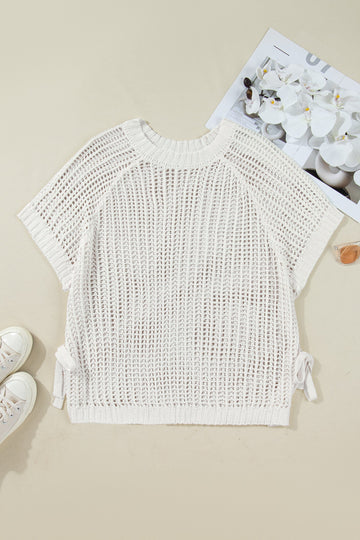 Plus Size Open Knit Bow Tie Short Sleeve Sweater - eAura
