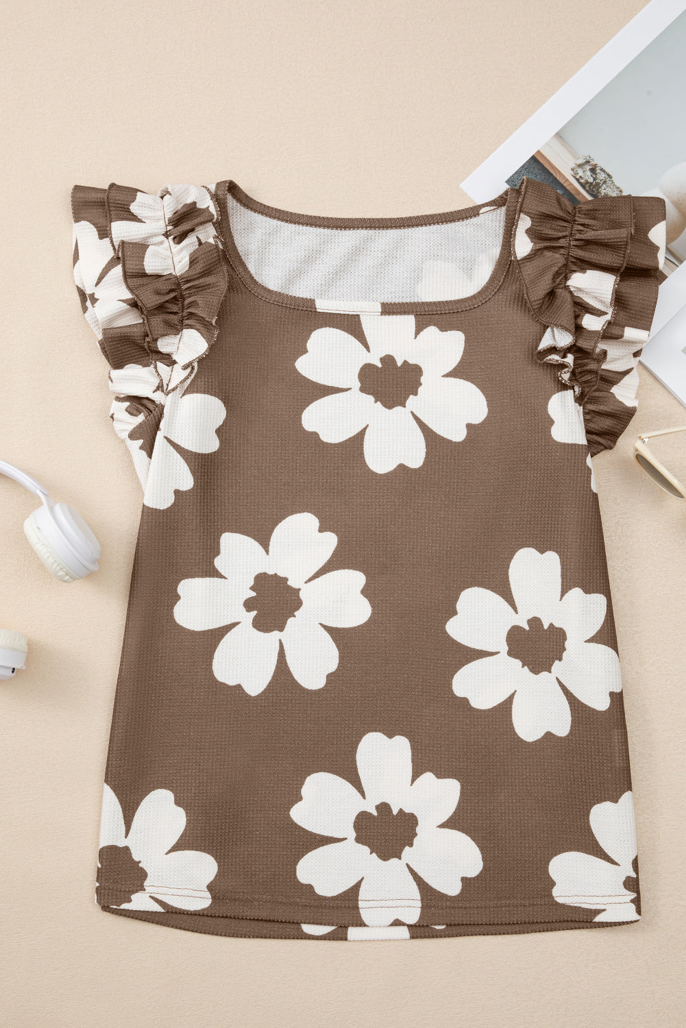 Floral Textured Ruffled Short Sleeve Square Neck Blouse eAura