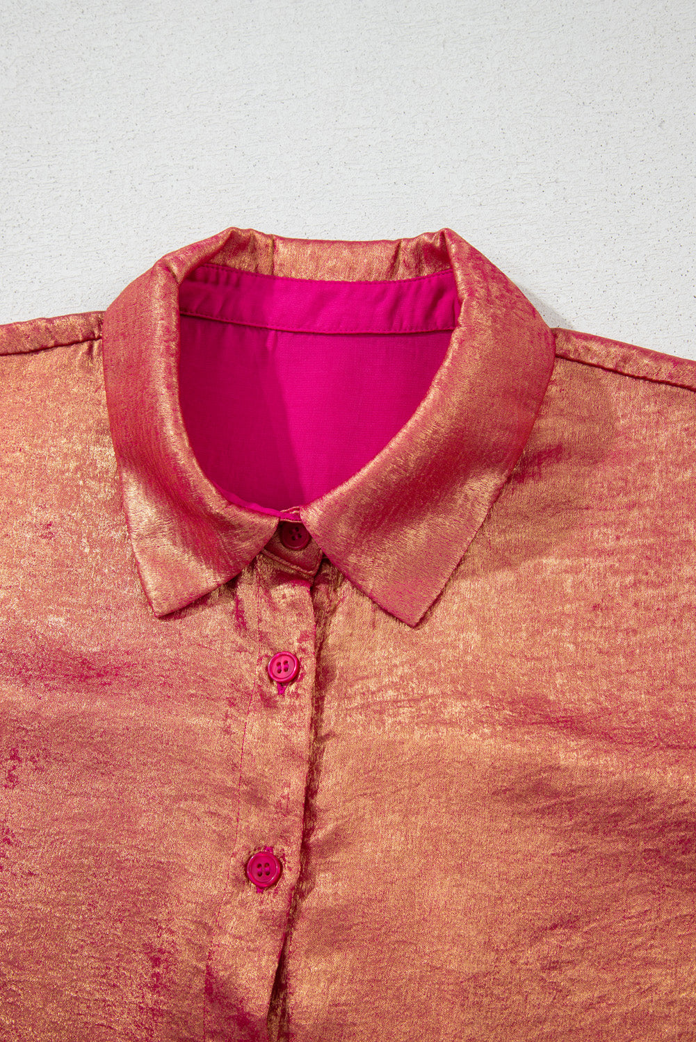 Rose Red Plus Size Metallic Sheen Short Sleeve Button Up Shirt BB Fashion Outlet