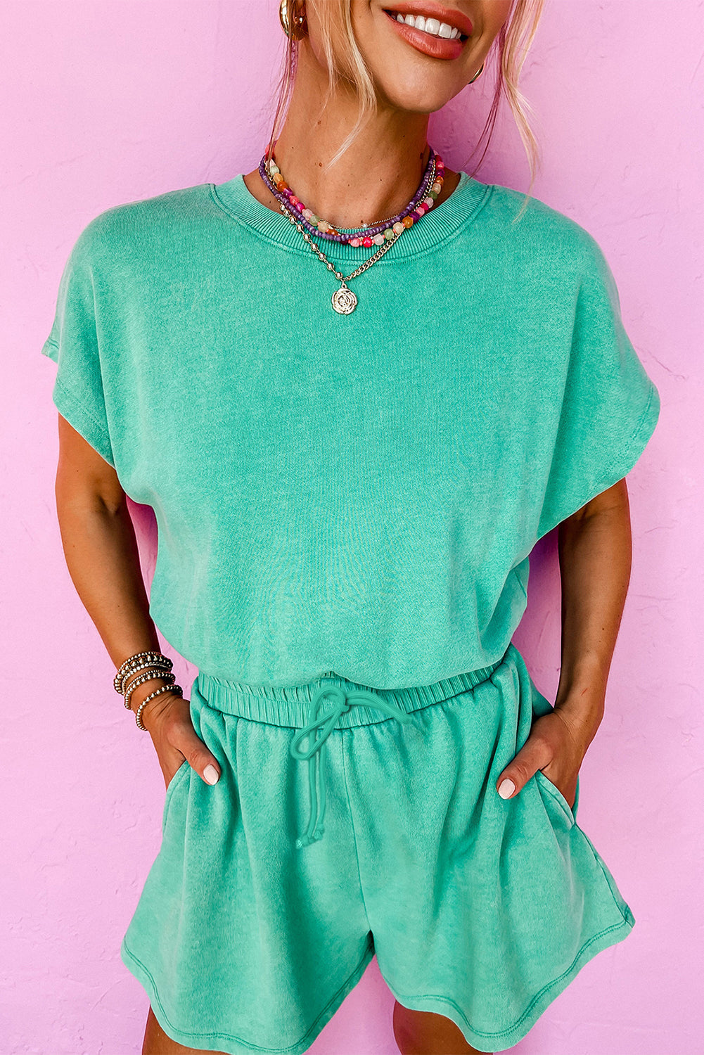 Sea Green Mineral Wash Drawstring Waist Hollow Out Back Short Sleeve Romper eAura