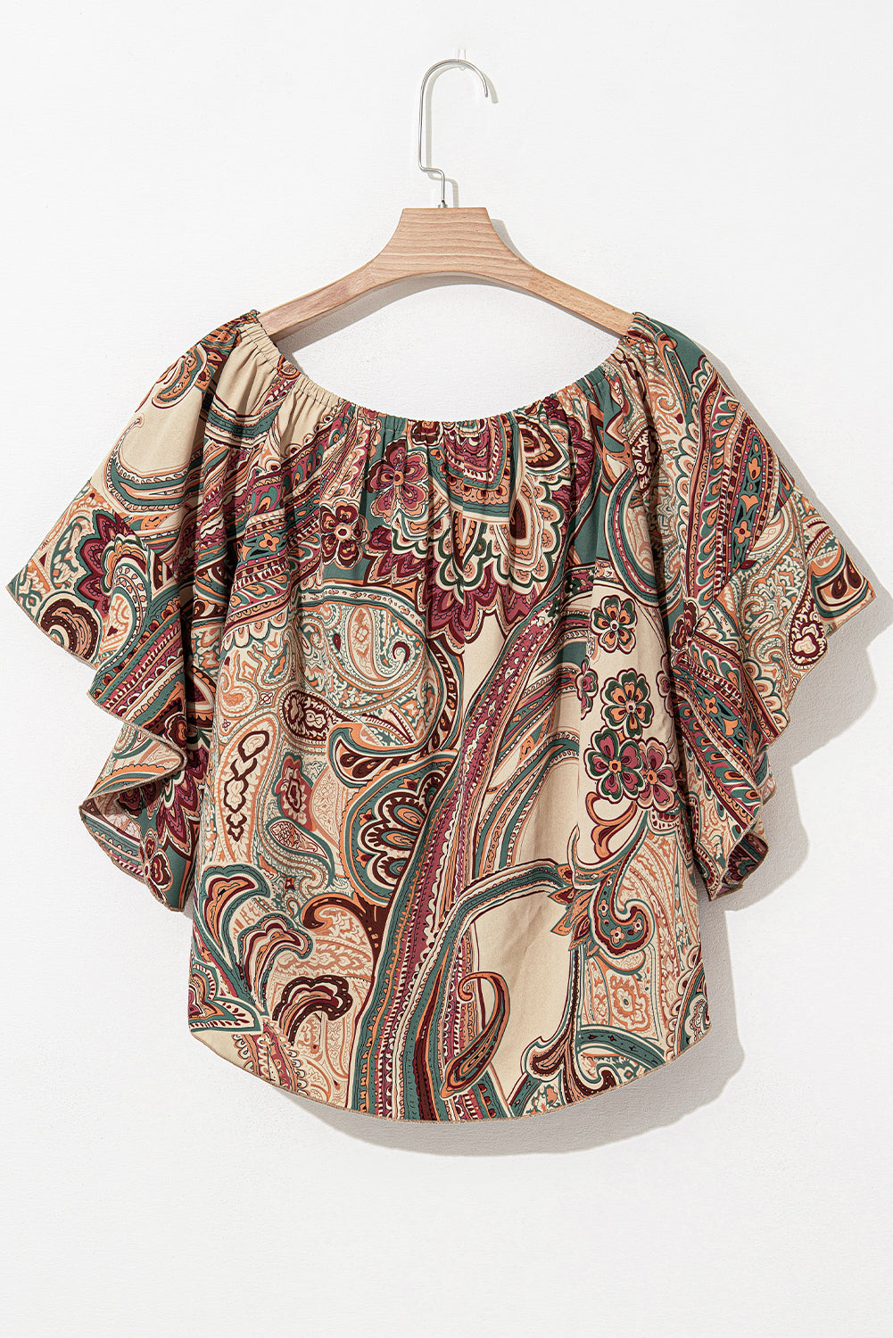 Apricot Paisley Printed Shirred Off Shoulder Ruffled Draped Sleeve Blouse eAura