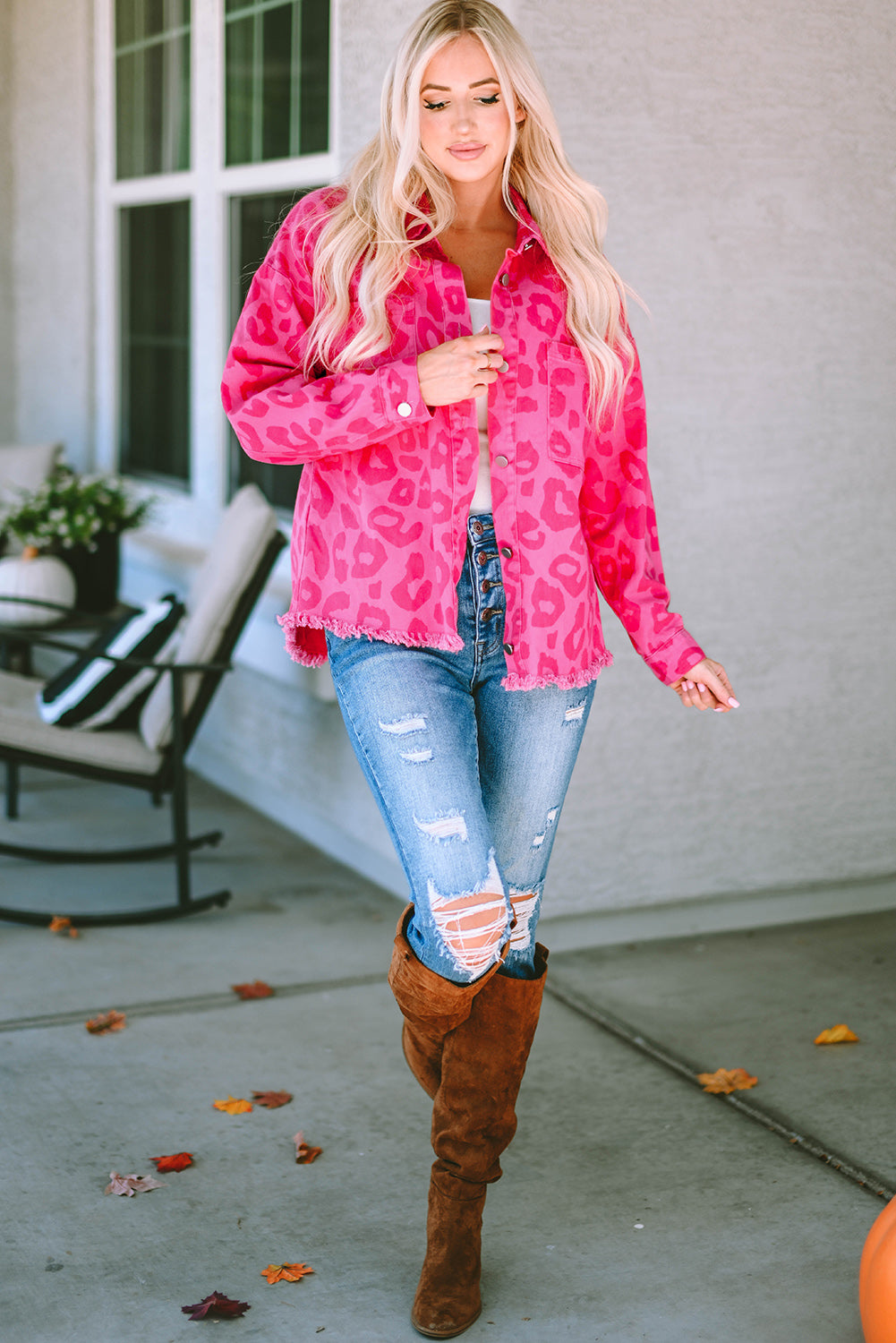 Pink Leopard Print Button Cuffs Raw Hem Jacket eAura