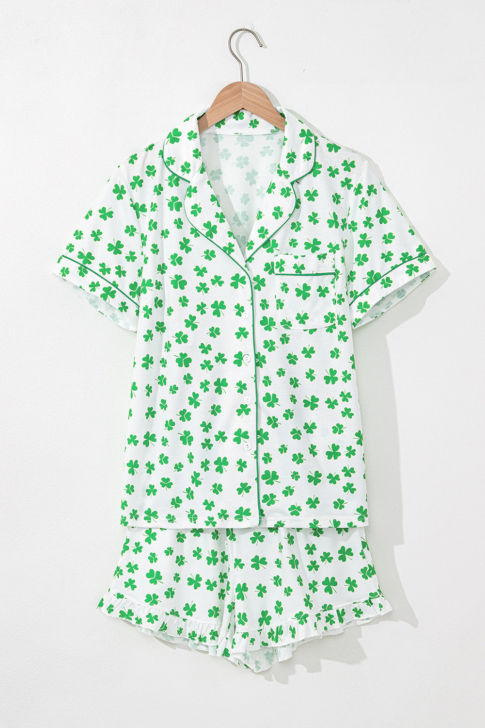 Green Clover Printed Short Sleeve and Ruffled Shorts Pyjama Set eAura