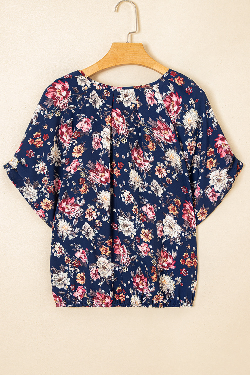 Blue Floral Short Sleeve Scoop Neck Casual Blouse eAura