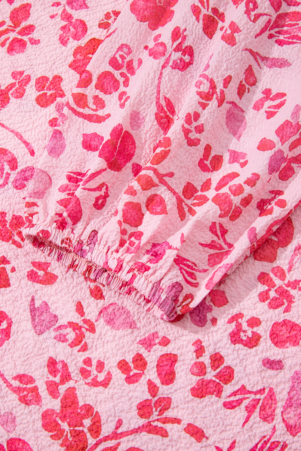 Pink Floral Puff Sleeve Split Neck Lightweight Blouse - eAura