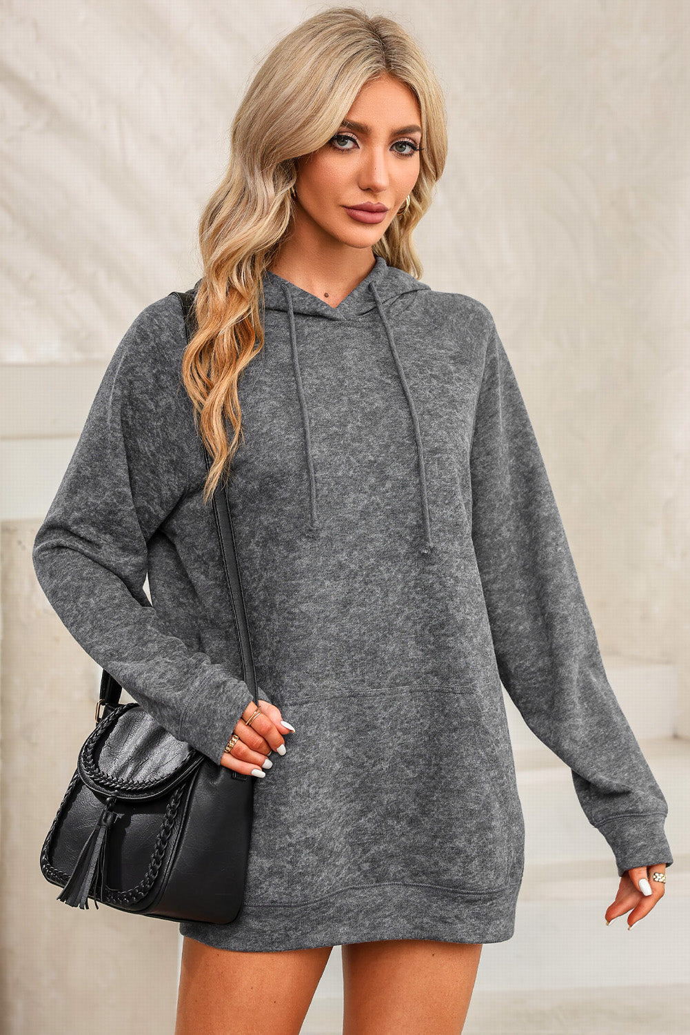 Grey Mineral Wash Kangaroo Pocket Drawstring Pullover Hoodie eAura