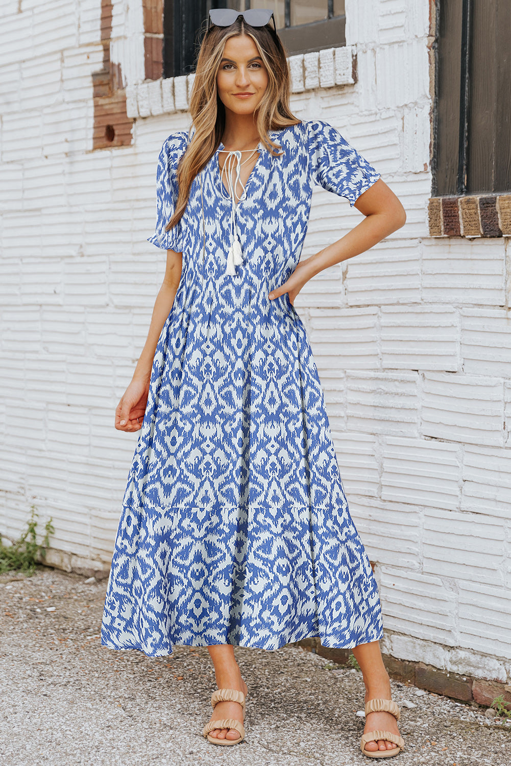 Pink V Neck Casual Geometric Print Maxi Dress eAura