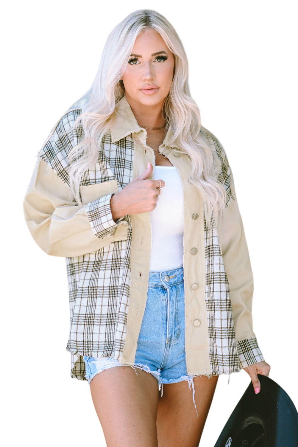 Khaki Distressed Raw Edge Plaid Patchwork Denim Jacket Beagle Boutique Fashion Outlet