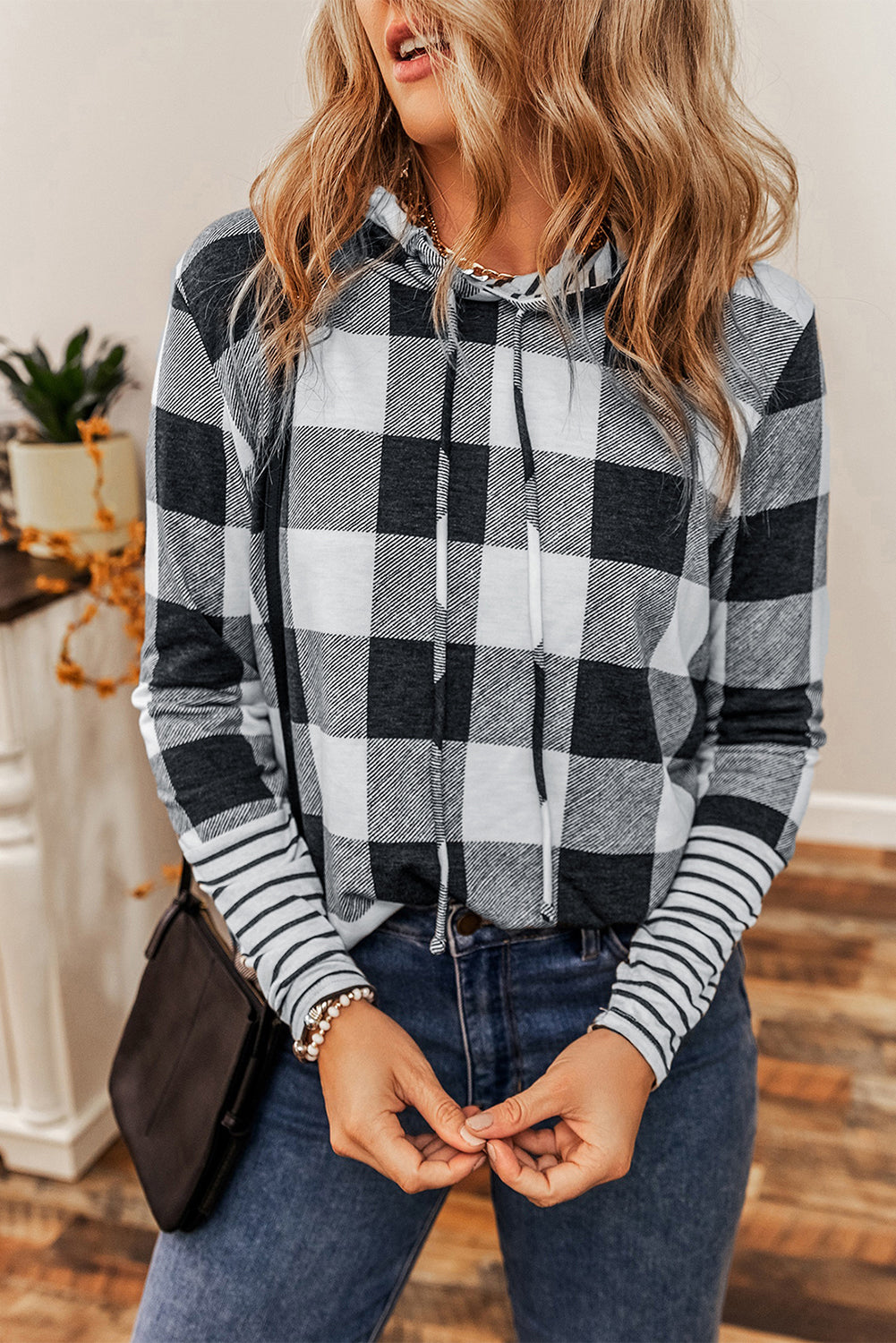 Multicolour Plaid Striped Patchwork Drawstring Hoodie eAura