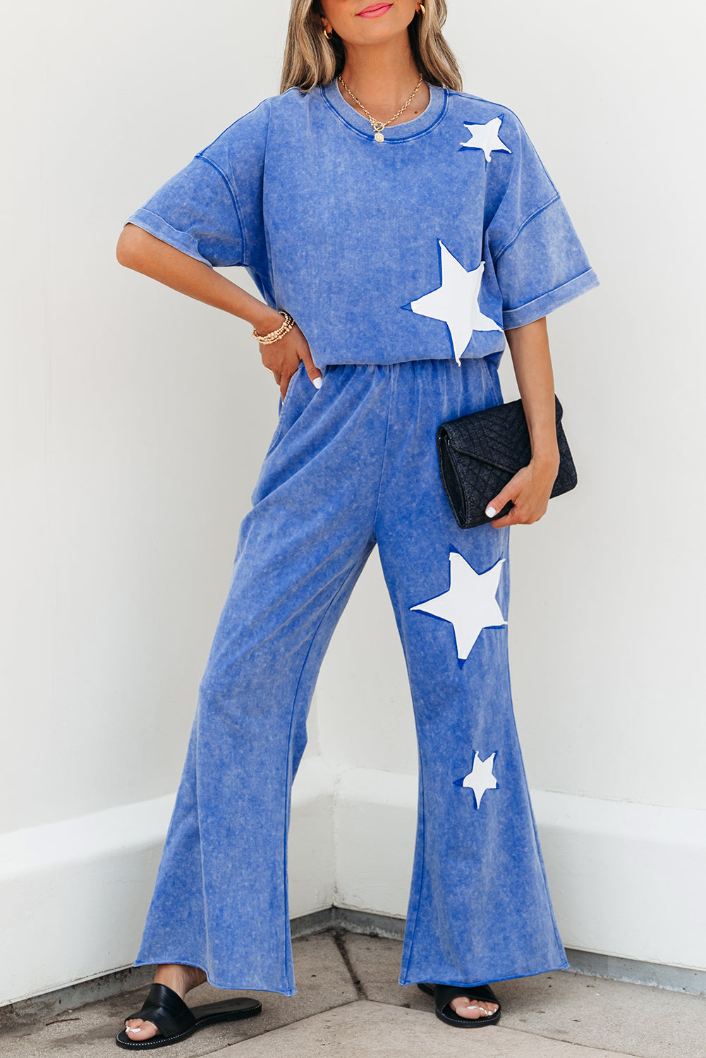 Ashleigh Blue Acid Wash Star Patched Rolled Trim Trousers Co-ord eAura