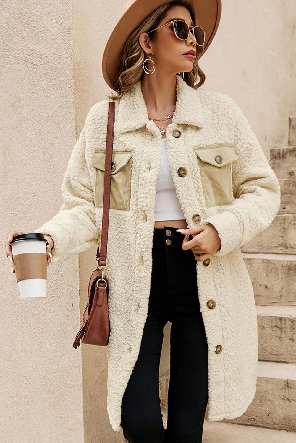 Beige Contrast Flap Pocket Single Breasted Teddy Coat eAura