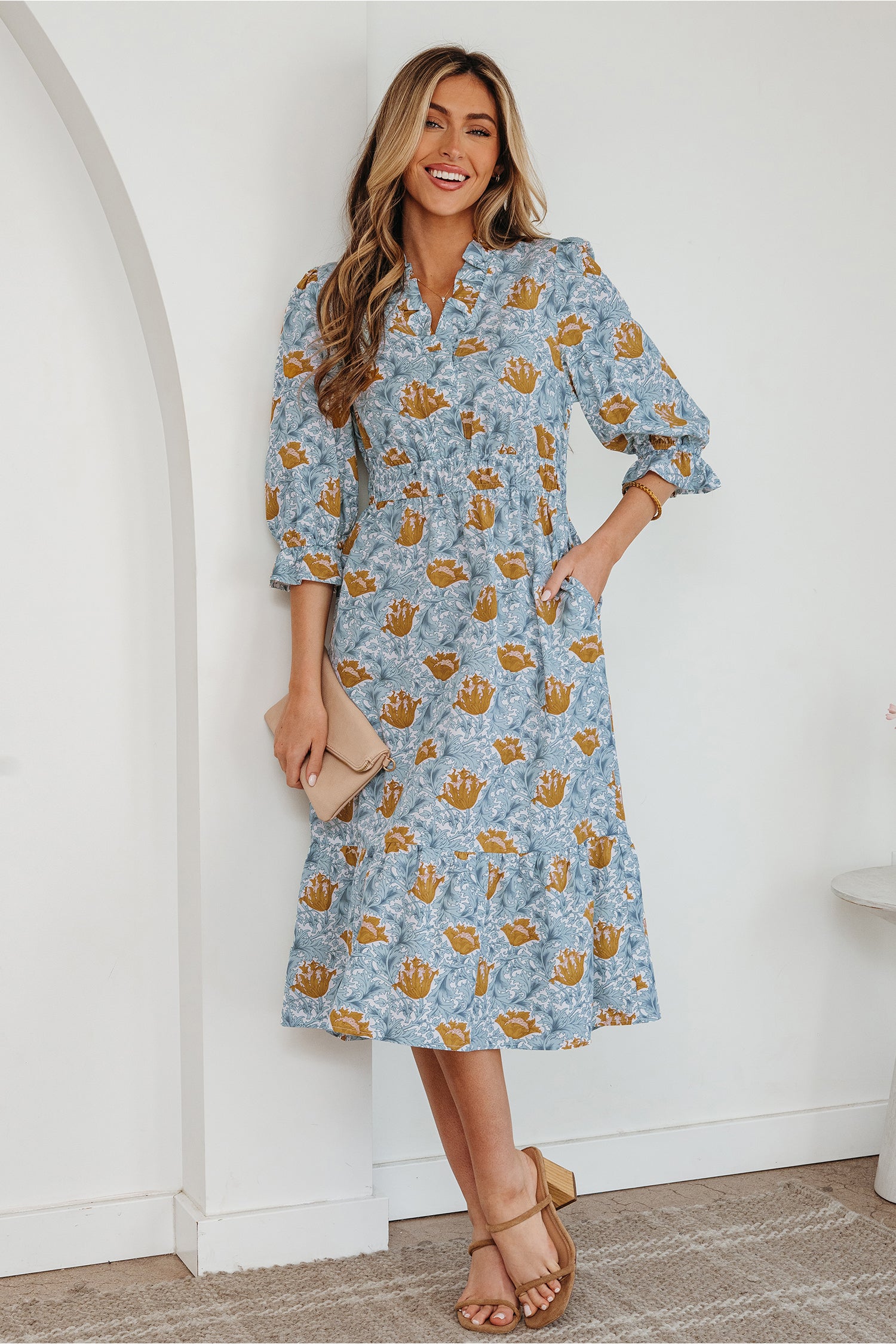 Floral Printed Frilled V-Neck Bracelet Sleeve Long Dress