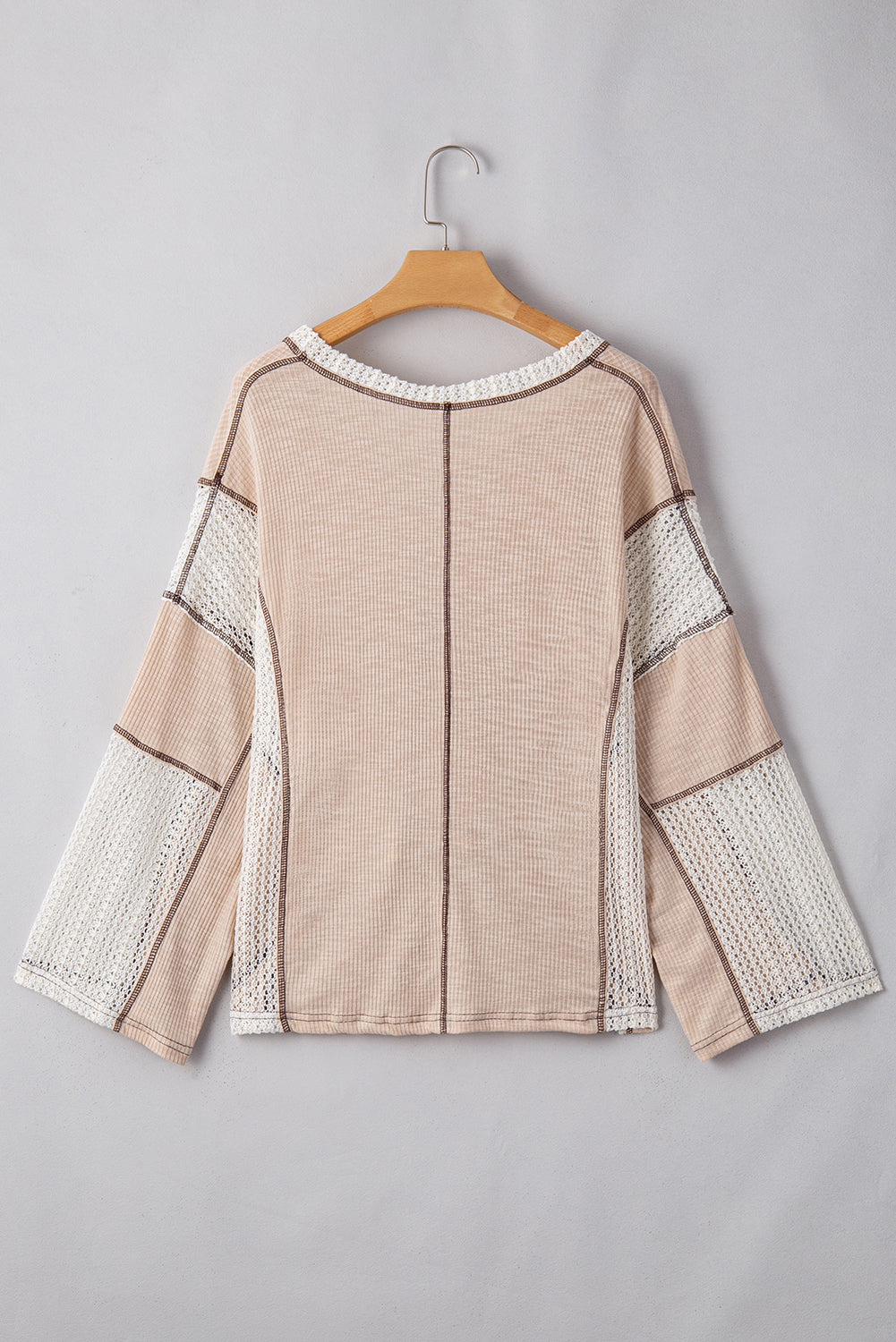 Crochet Detail Exposed Seam High Low Loose Top – Beige & Green