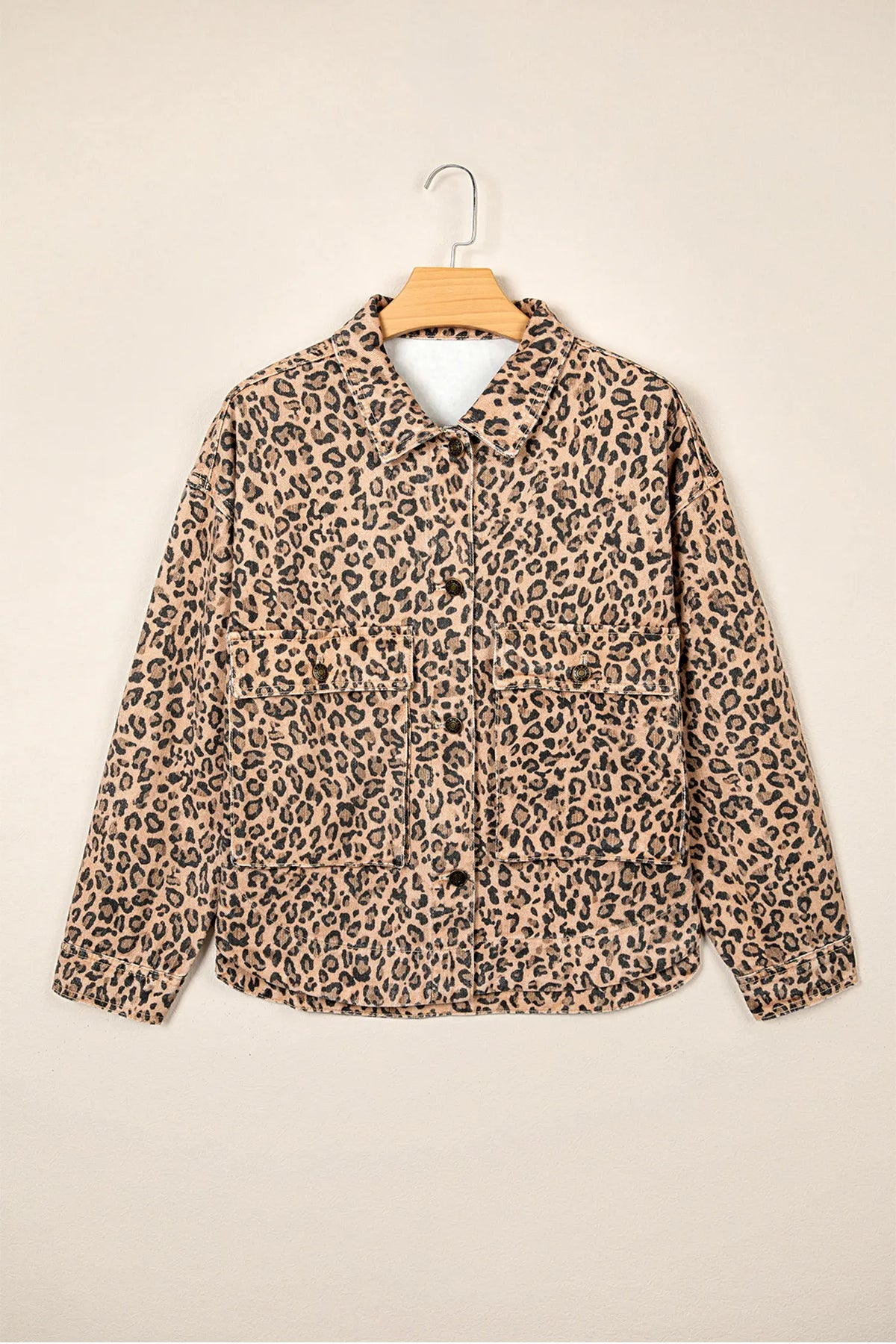 Leopard Print Collar Long Sleeve Patch Pocket Shift Denim Jacket – Khaki