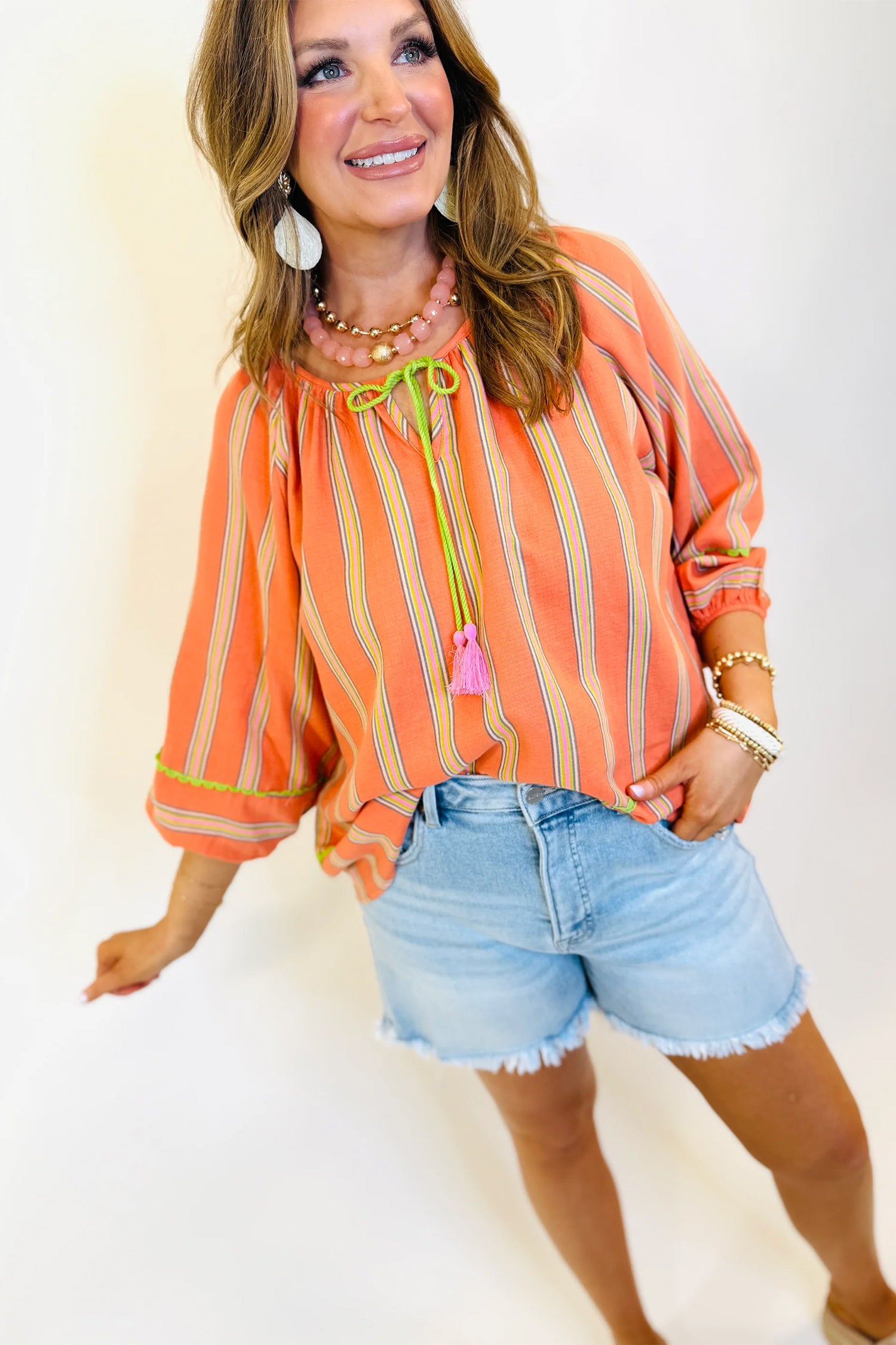 Tassel Tie Neck Bracelet Sleeve Cotton Blouse – Orange Stripe