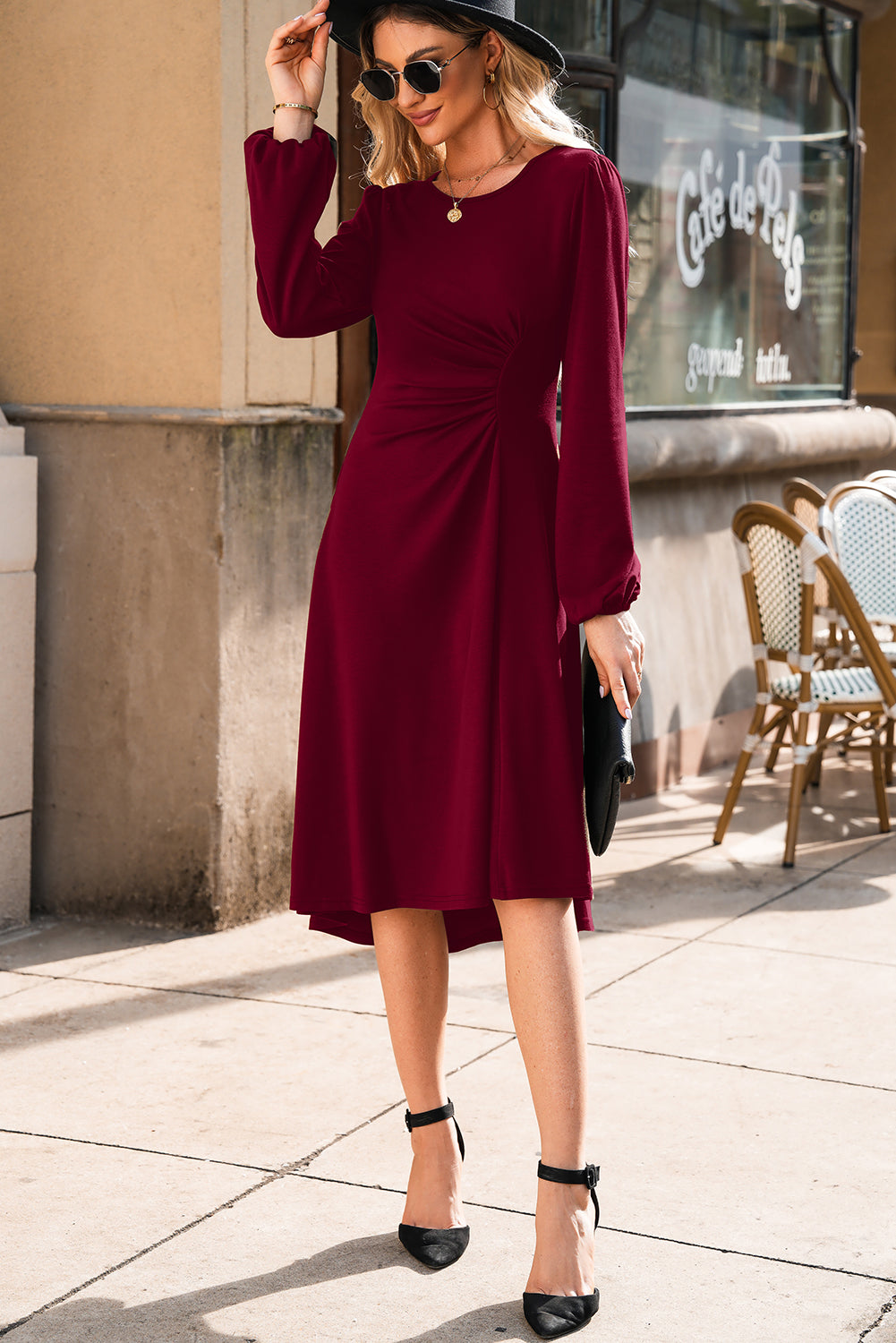 Burgundy Solid Color Ruched Detail Long Sleeve Midi Dress Dear-Lover Dropshipping