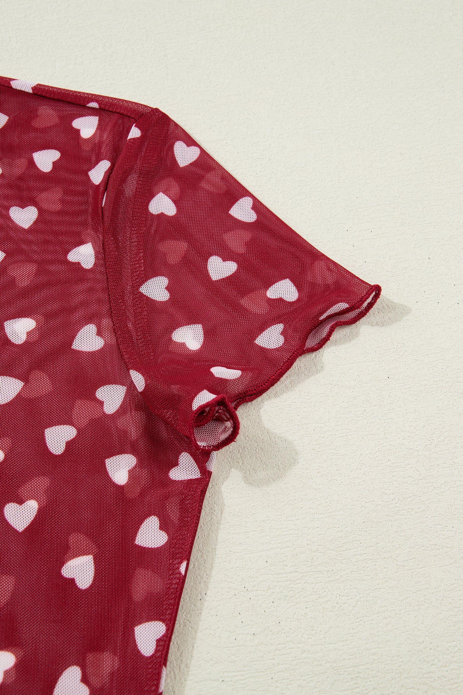 Allover Heart Print Mesh Short Sleeve Top