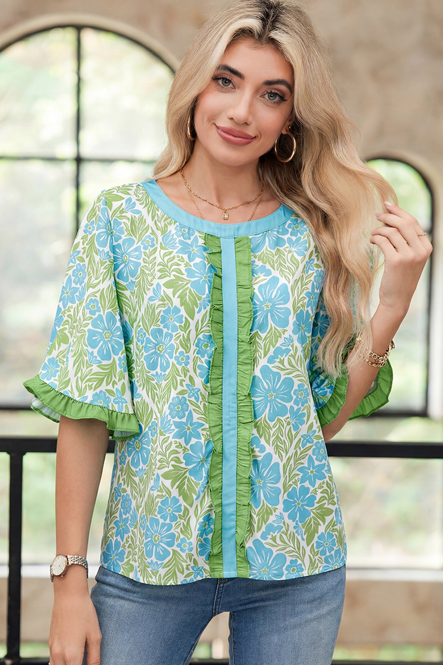 Floral Print Ruffled Color Block Trim Half Sleeve Blouse – Rose