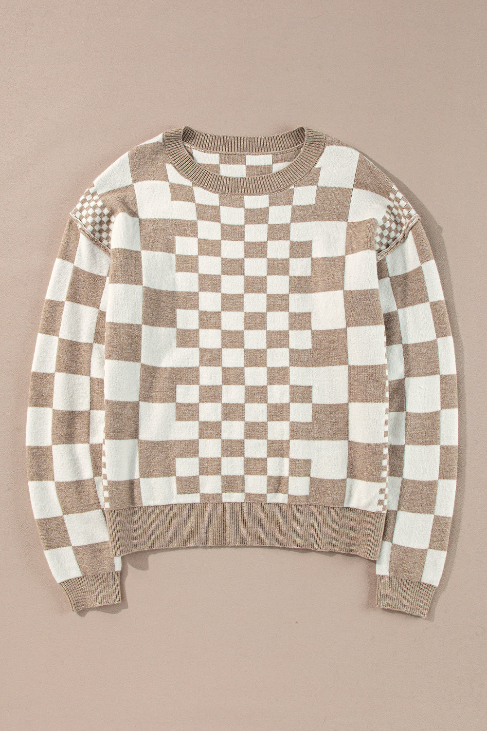 Khaki Checkered Print Drop Shoulder Round Neck Sweater eAura