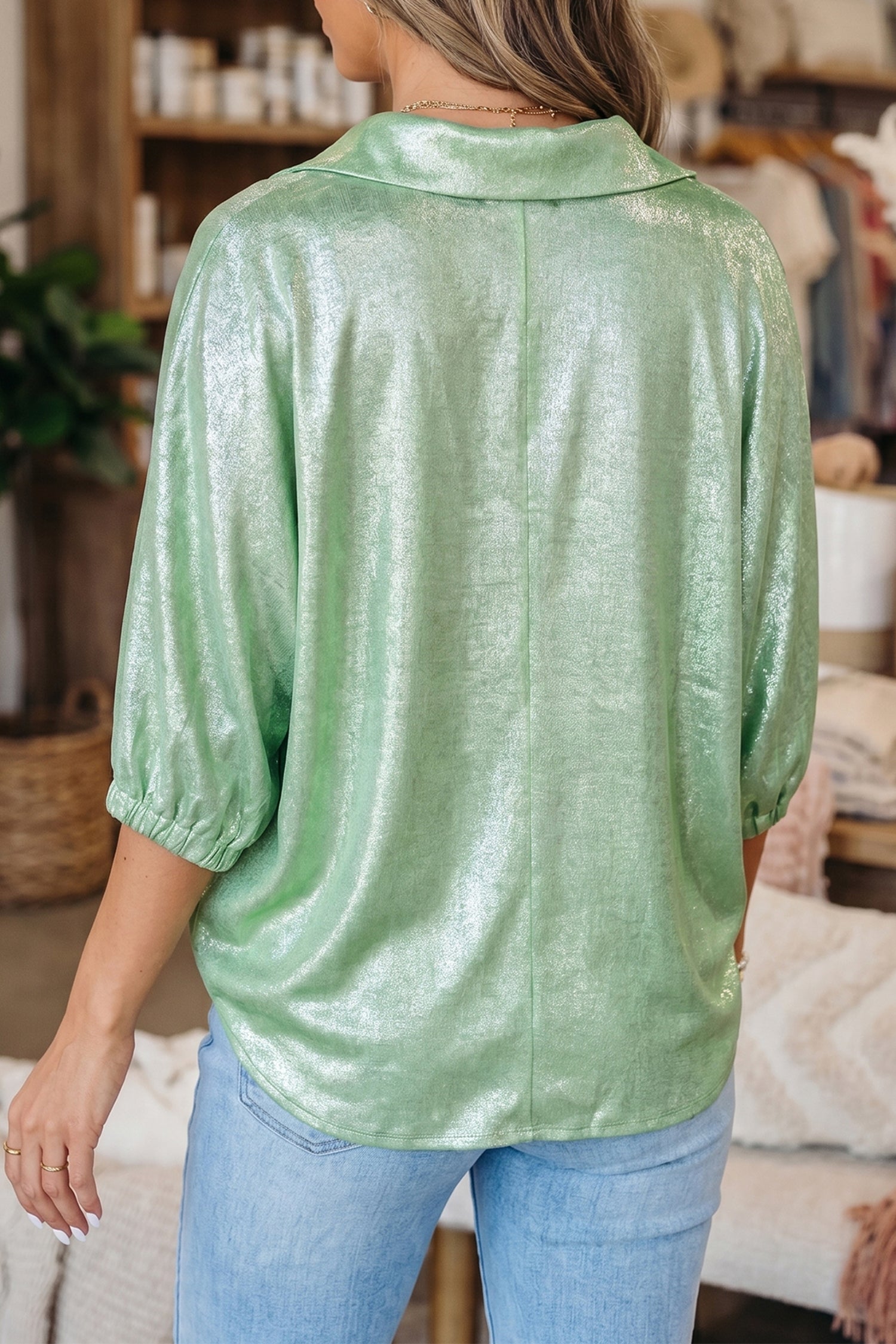 Collared V-Neck Half Sleeve Metallic Top