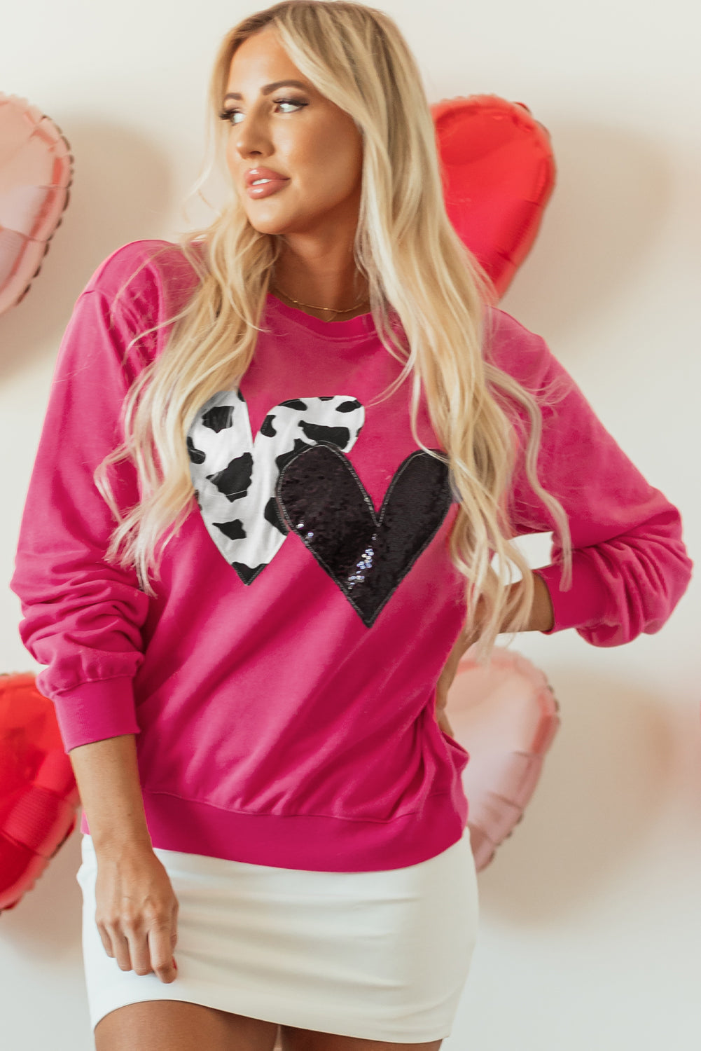 Strawberry Pink Cow & Sequin Double Heart Patch Graphic Sweatshirt eAura