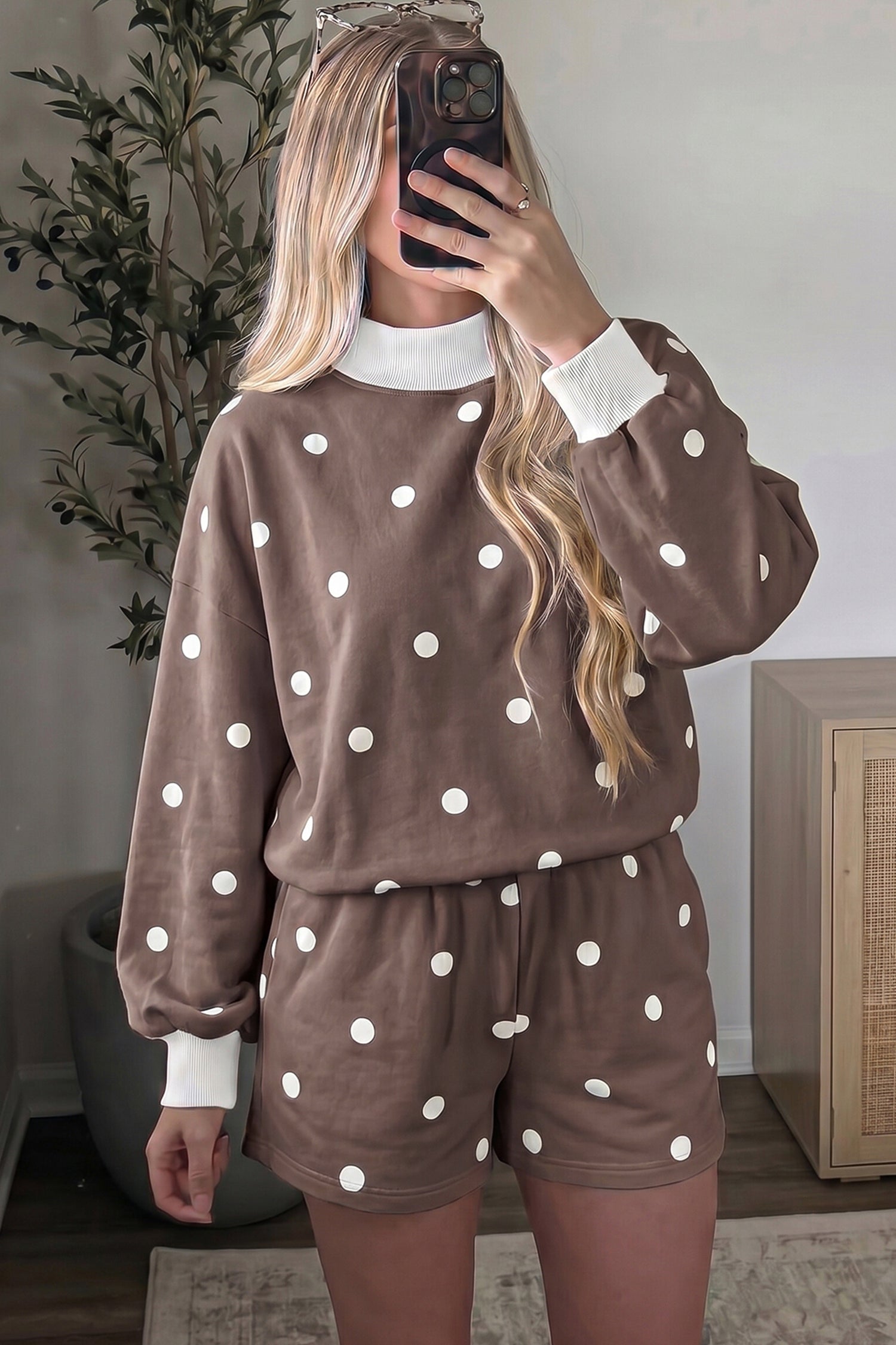 Polka Dot Ribbed Trim Long Sleeve Top Casual Short Set – Brown