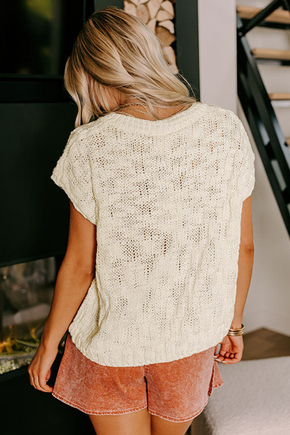 Beige Notched V Neck Short Sleeve Sweater eAura