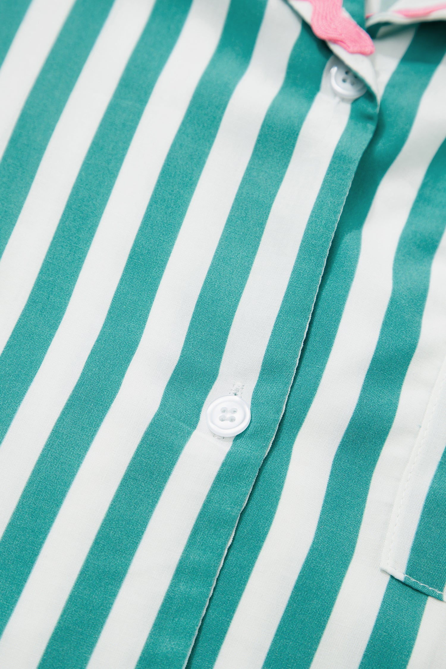 Contrast Ricrac Trim Long Sleeve Shirt Drawstring Ruffled Pajama Short Set – Green Stripe