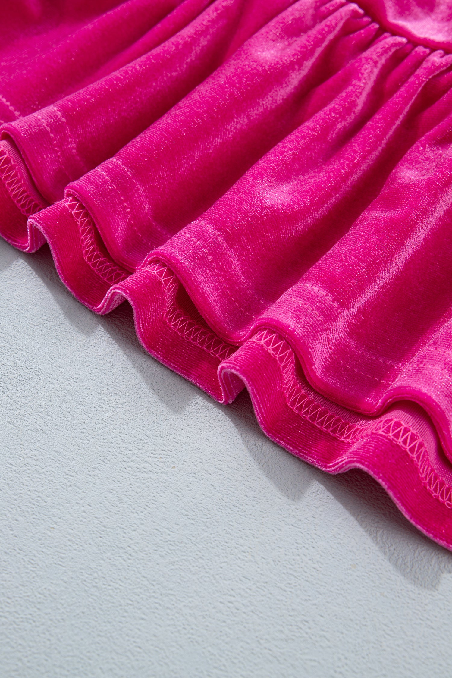 V Neck Velvet Ruffled Cuffs Hem Long Sleeve Top – Strawberry Pink