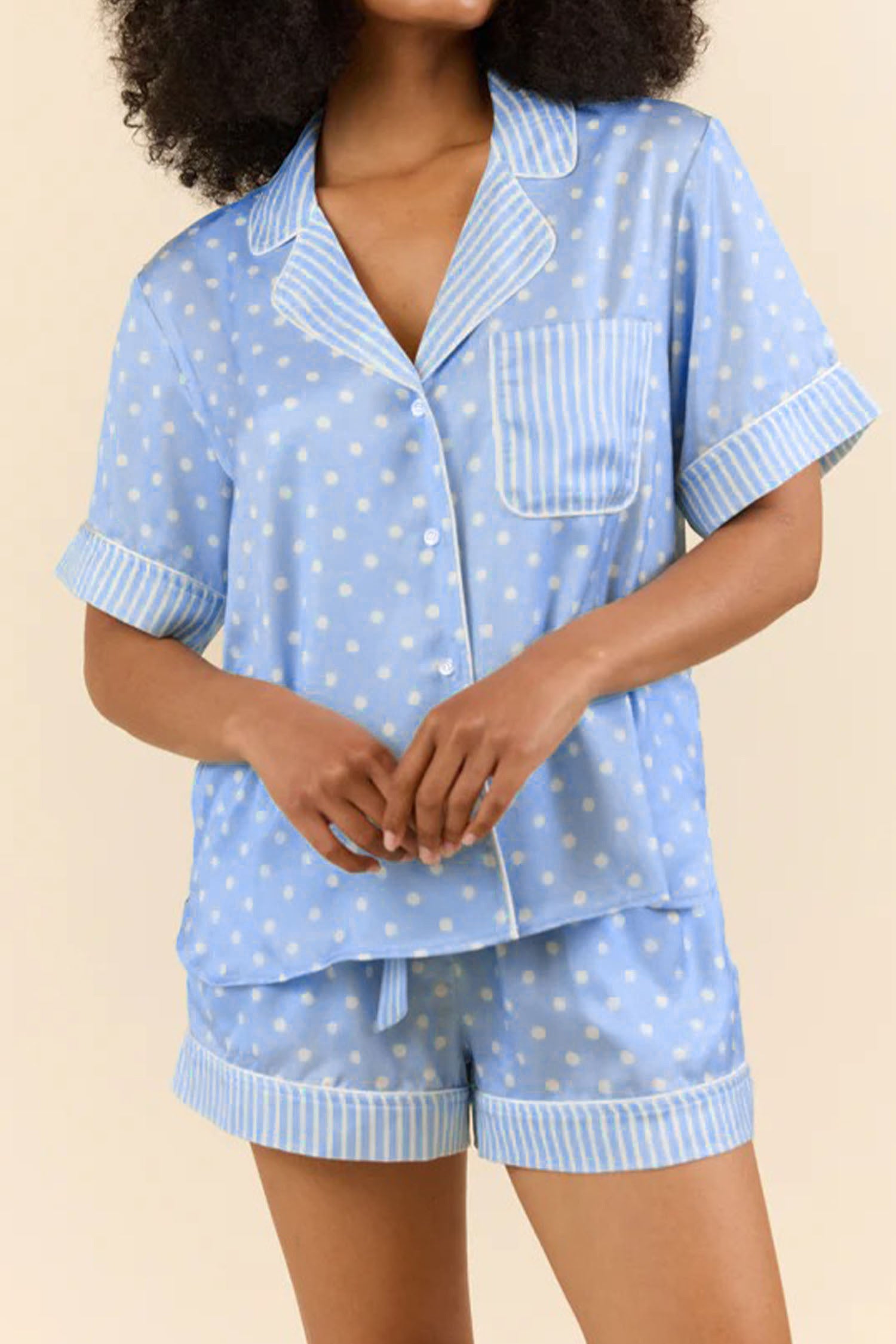 Sky Blue Dotted Print Soft Short Pajama Set – Light Blue
