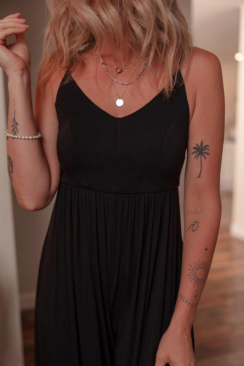 Black Spaghetti Straps Open Back Pleated Wide Leg Jumpsuit eAura