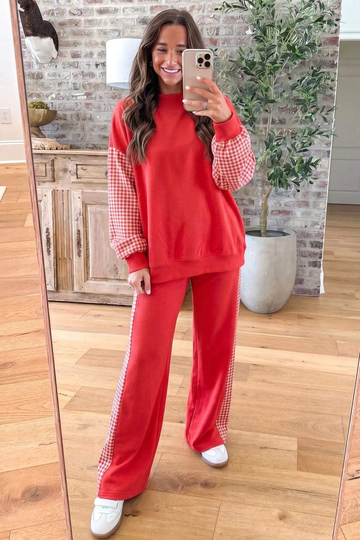 Co-ord set Plaid Contrast Long Sleeve Top and Wide-Leg Trousers