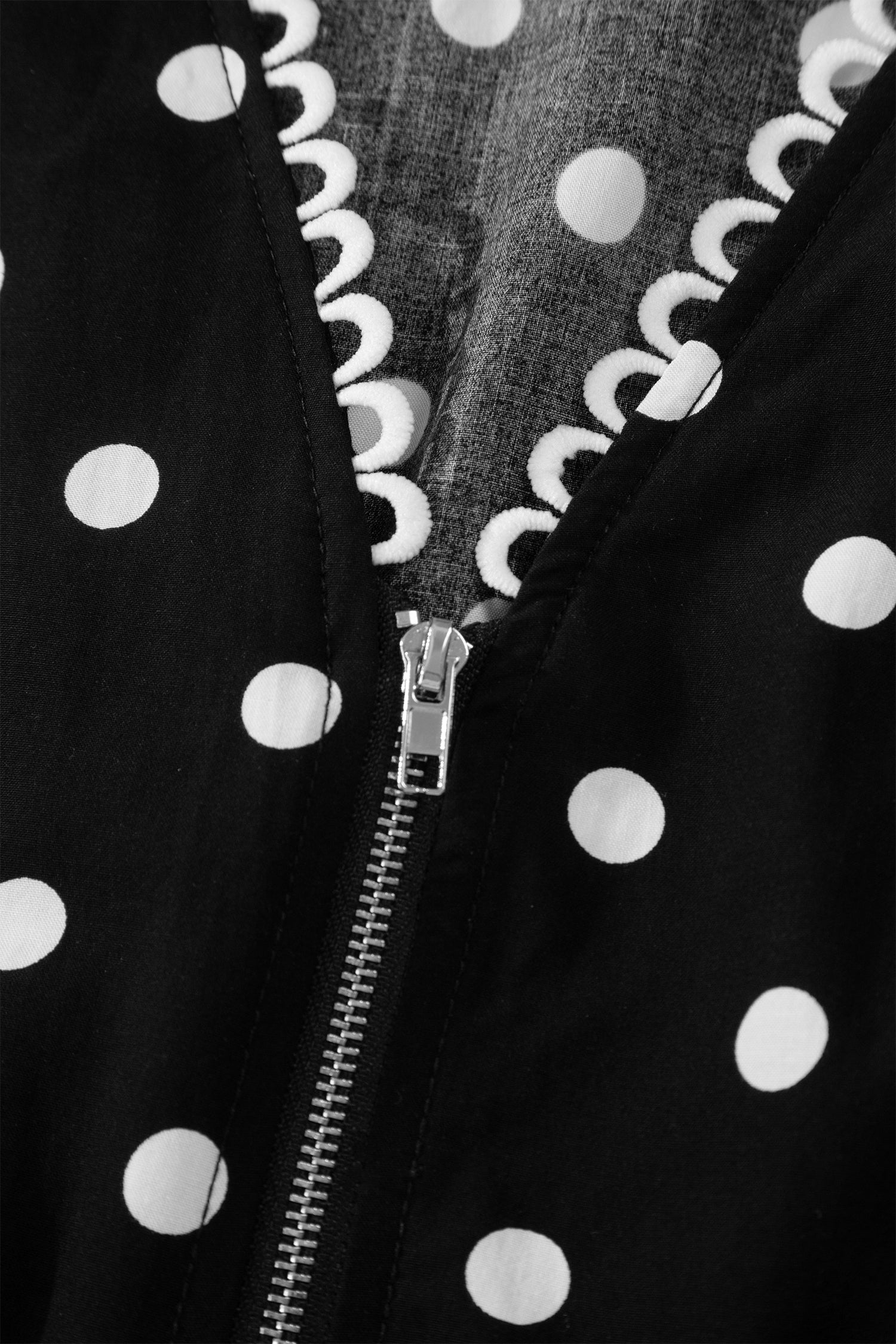 Polka Dot Print Contrast Trim V-Neck Zip Up Sleeveless Dress