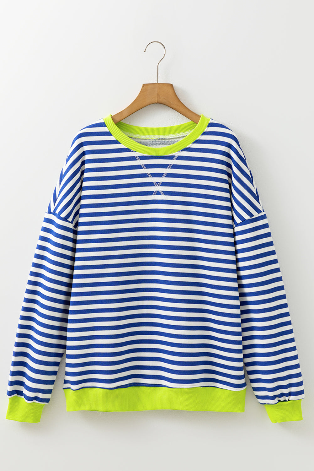 Striped Contrast Ribbed Trim Crossed Stitch Drop Shoulder Sweatshirt - eAura