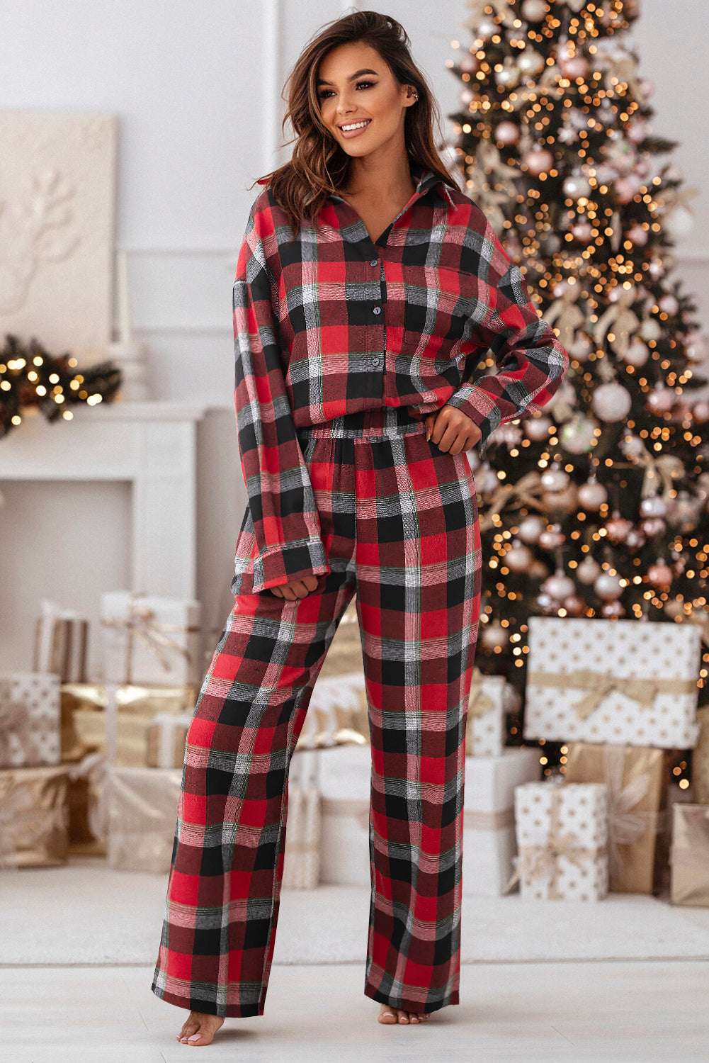 Red Christmas Checkered Pattern Loose Shirt and Pants Pyjama Set - eAura