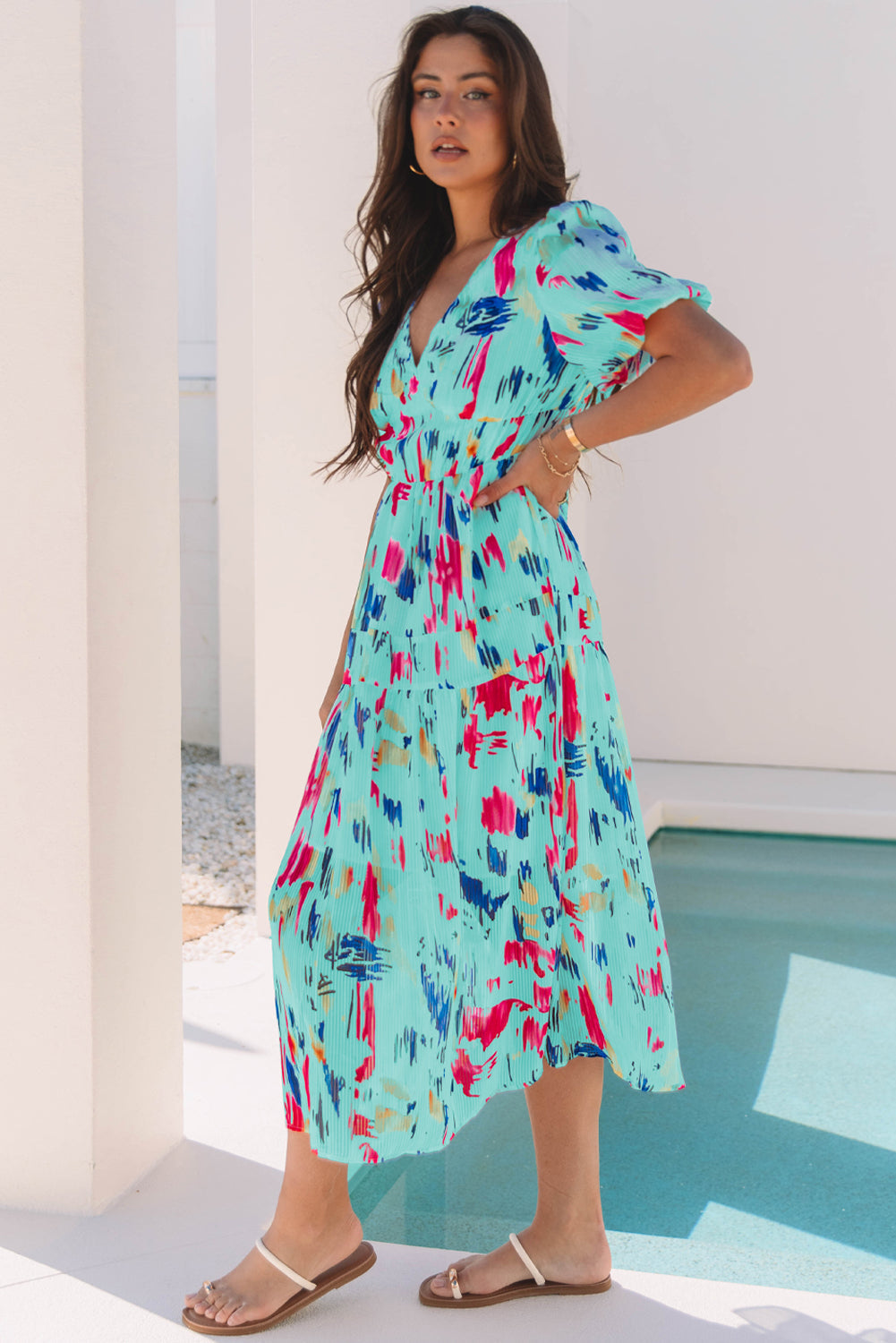 Abstract Print Short Puff Sleeve Tiered Maxi Dress eAura