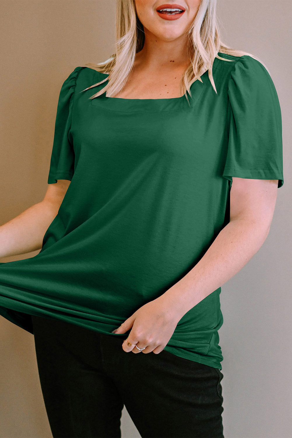 Green Plus Size Square Neck Ruched Shoulder Short Sleeve Top BB Fashion Outlet