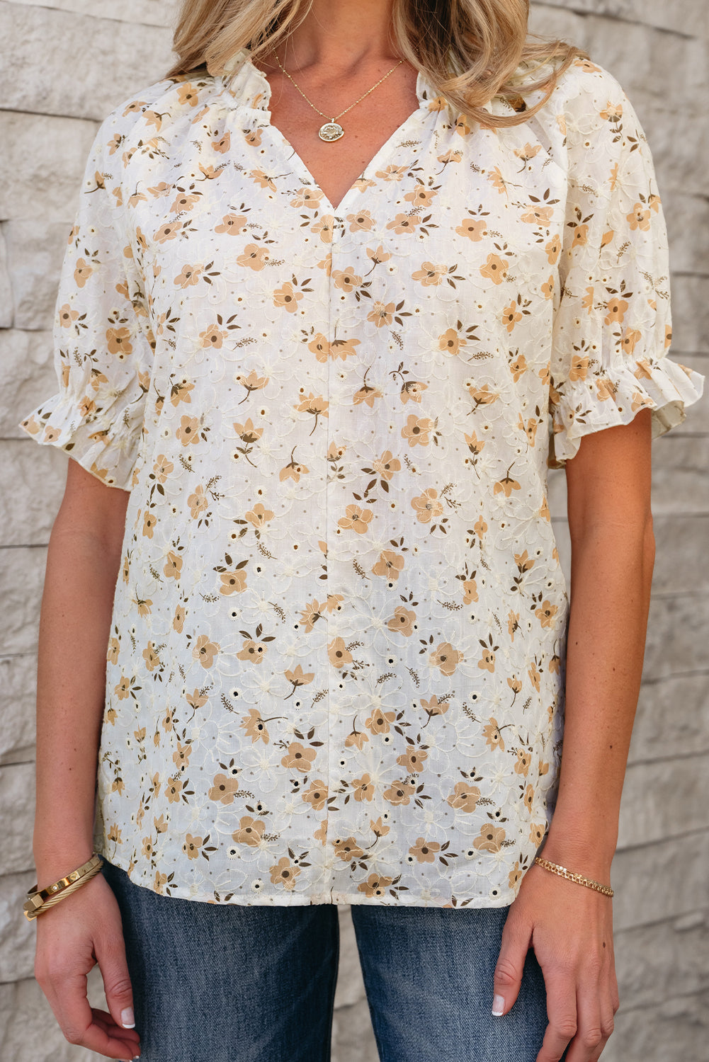 White Floral Eyelet Embroidered Puff Sleeve Notch V Neck Blouse eAura