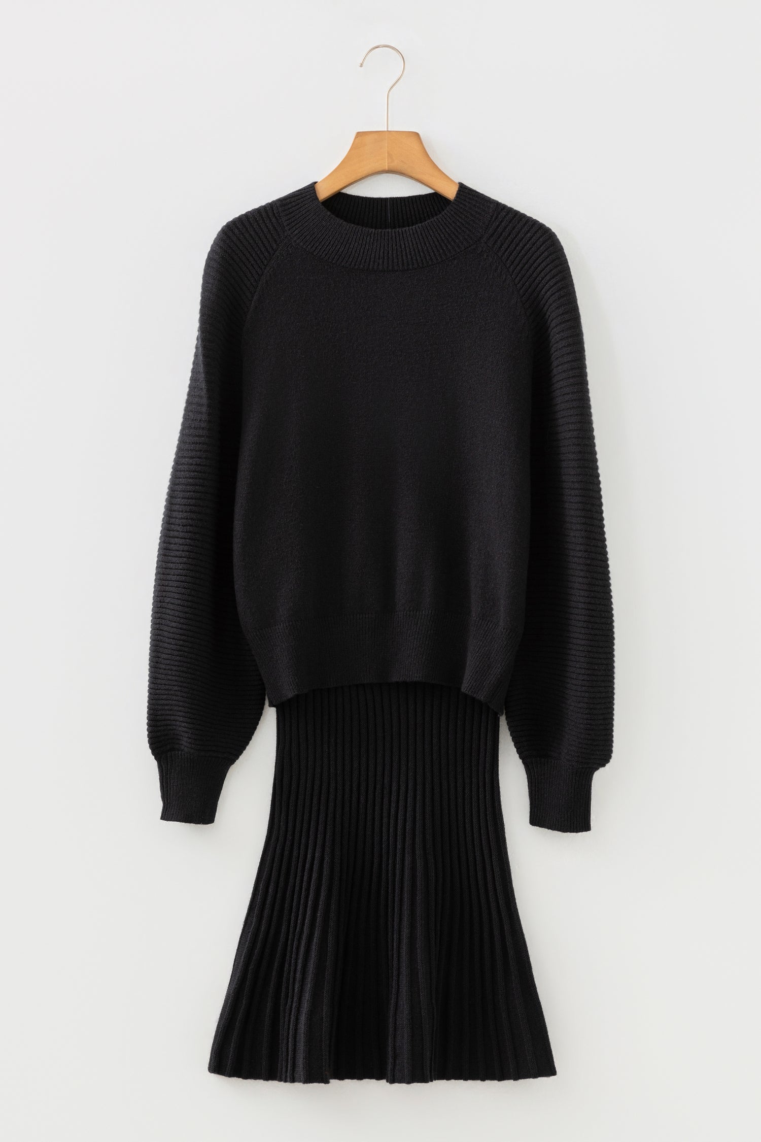 High Neck Puff Sleeve Sweater and Pleated Mini Skirt Co-ord Knit Outfit - Two Piece Sets/Two Dresses