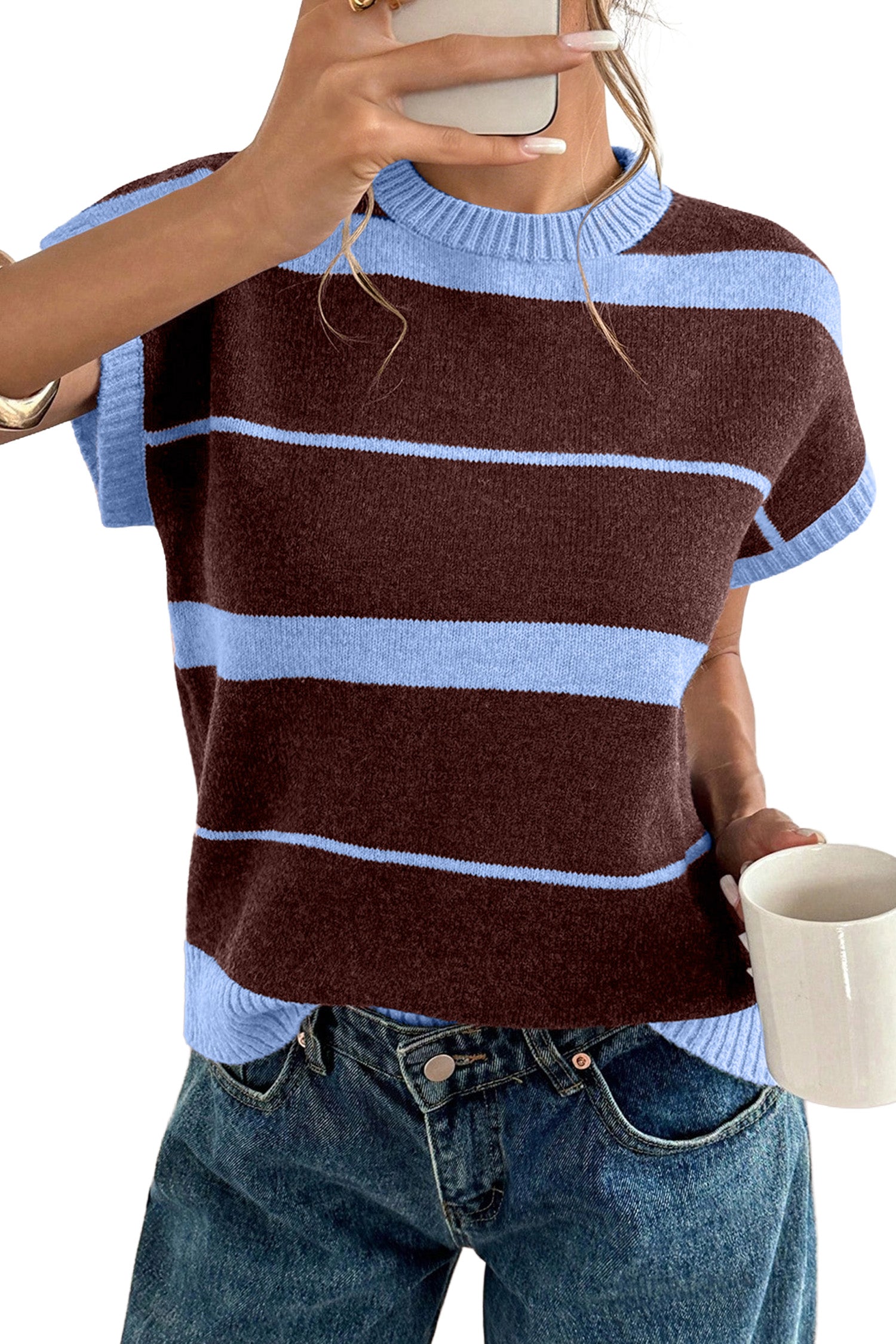 Striped Short Sleeve Round Neck Casual Knit Top – Sky Blue Stripe