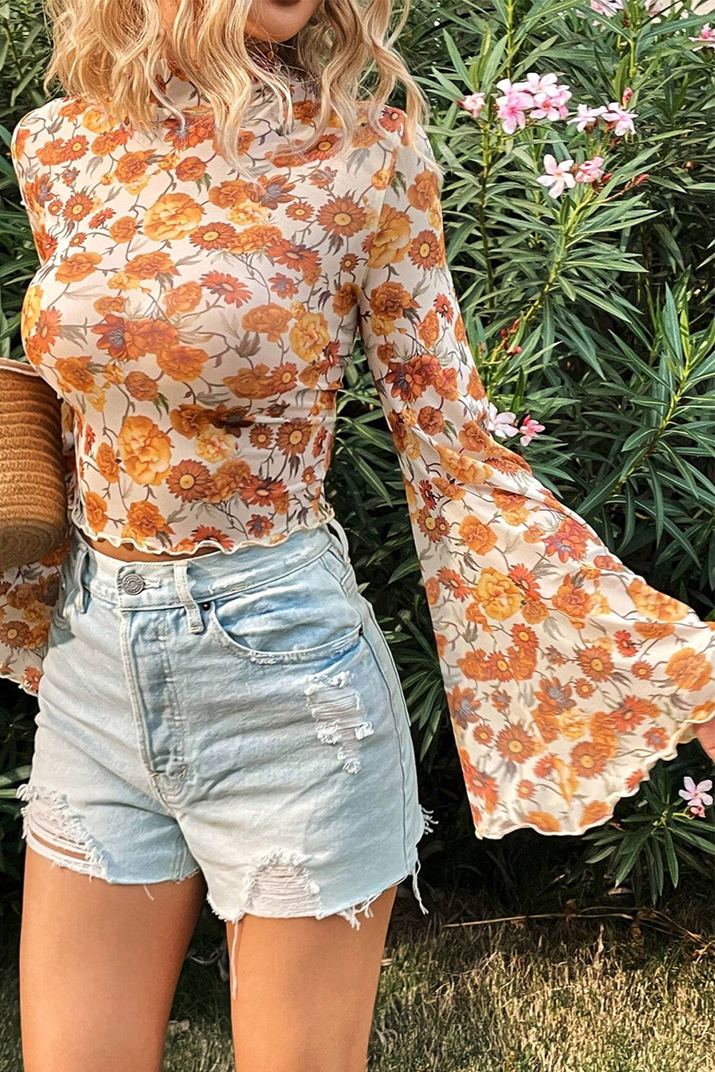 Orange Floral Printed Bell Sleeve Mock Neck Scallop Trim Blouse eAura