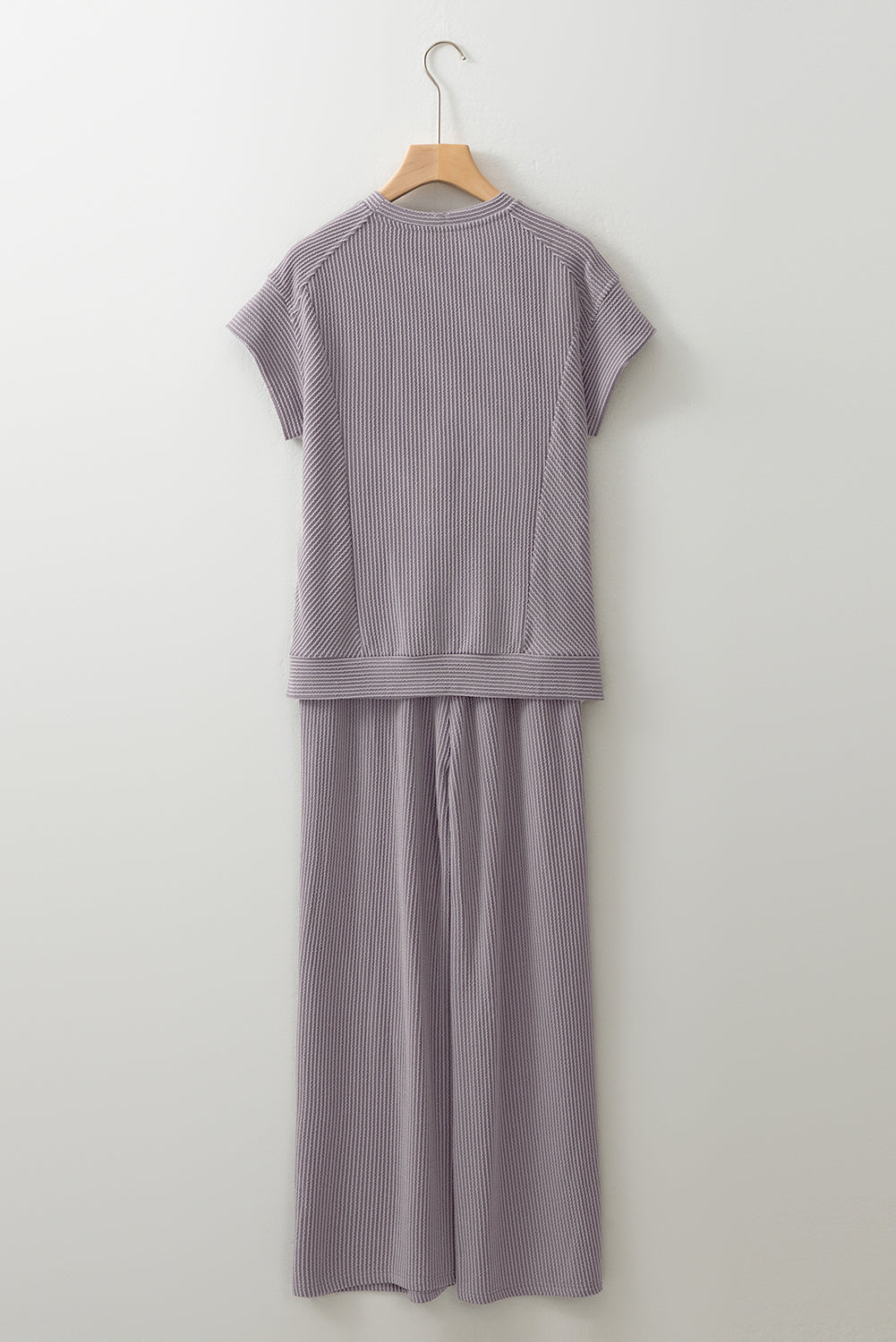 Bright Pink Solid Ribbed Knit Short Sleeve T Shirt and Wide Leg Trousers Set eAura