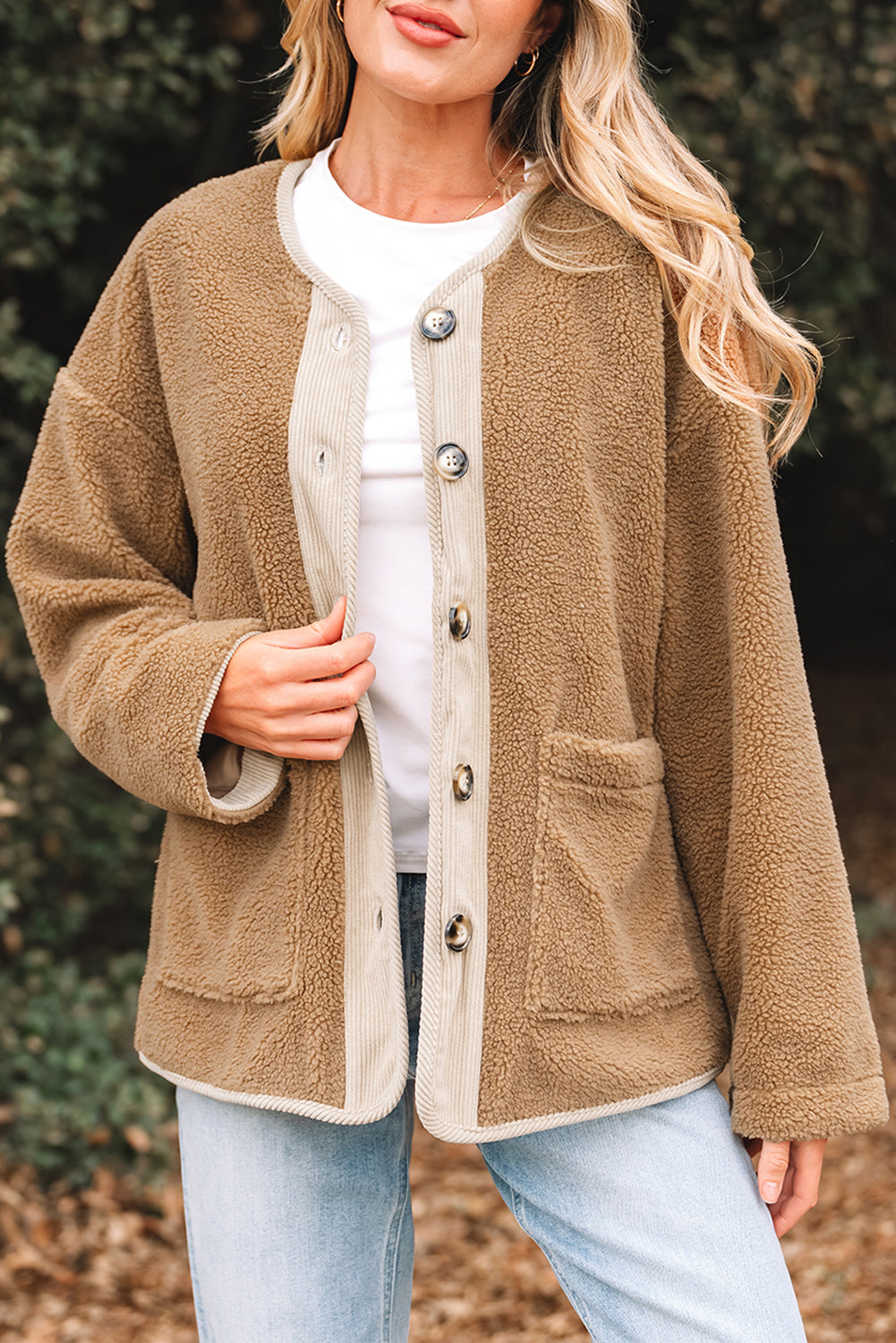 Plush Corduroy Edge Patchwork Jacket with Big Pockets - eAura